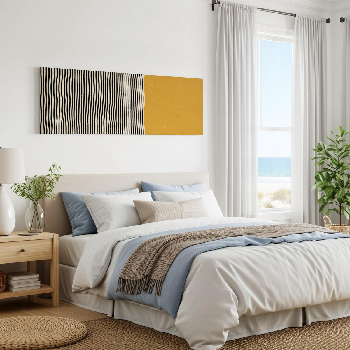 Black wavy stripes beside a mustard block panoramic canvas print above a bed in a coastal bedroom