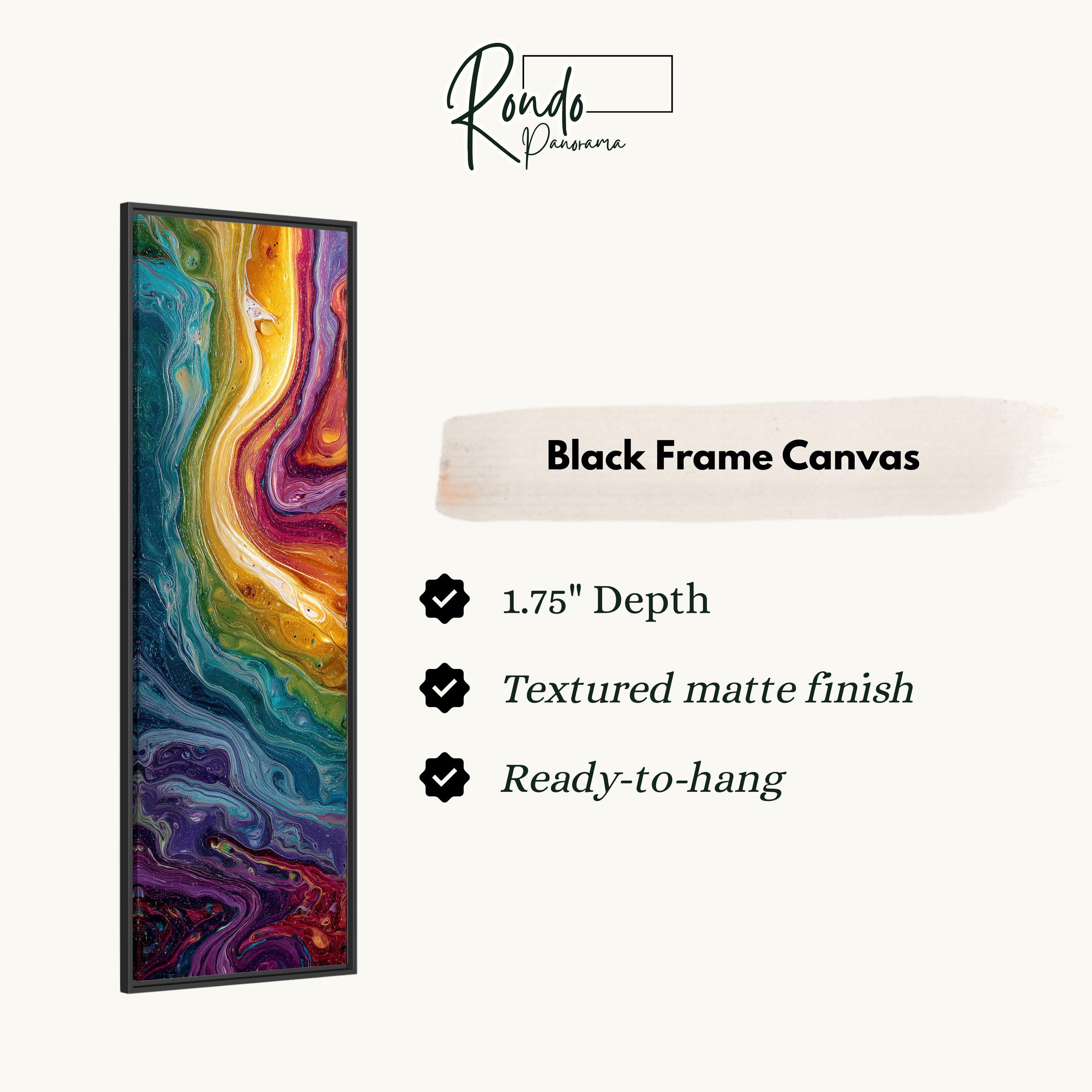 The image is a black frame canvas with a vibrant abstract painting of swirling colors, including shades of blue, green, yellow, and red. The canvas has a 1.75" depth and is textured with a matte finish, making it ready to hang.