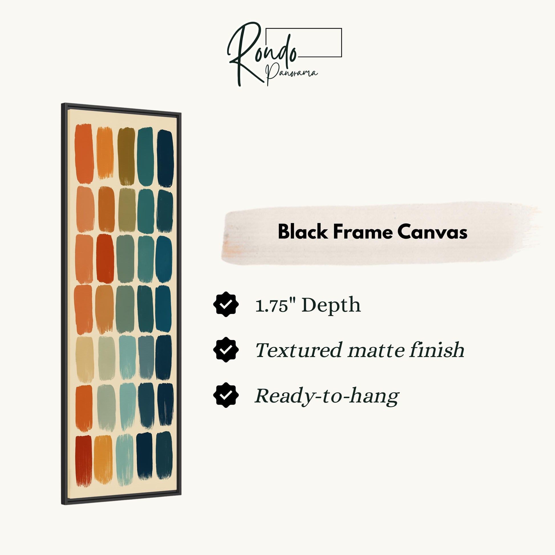 The image is a product description for a black frame canvas. It features a vertical arrangement of colorful brushstrokes in various shades of orange, blue, green, and yellow. The product has a 1.75" depth, a textured matte finish, and is ready to hang.