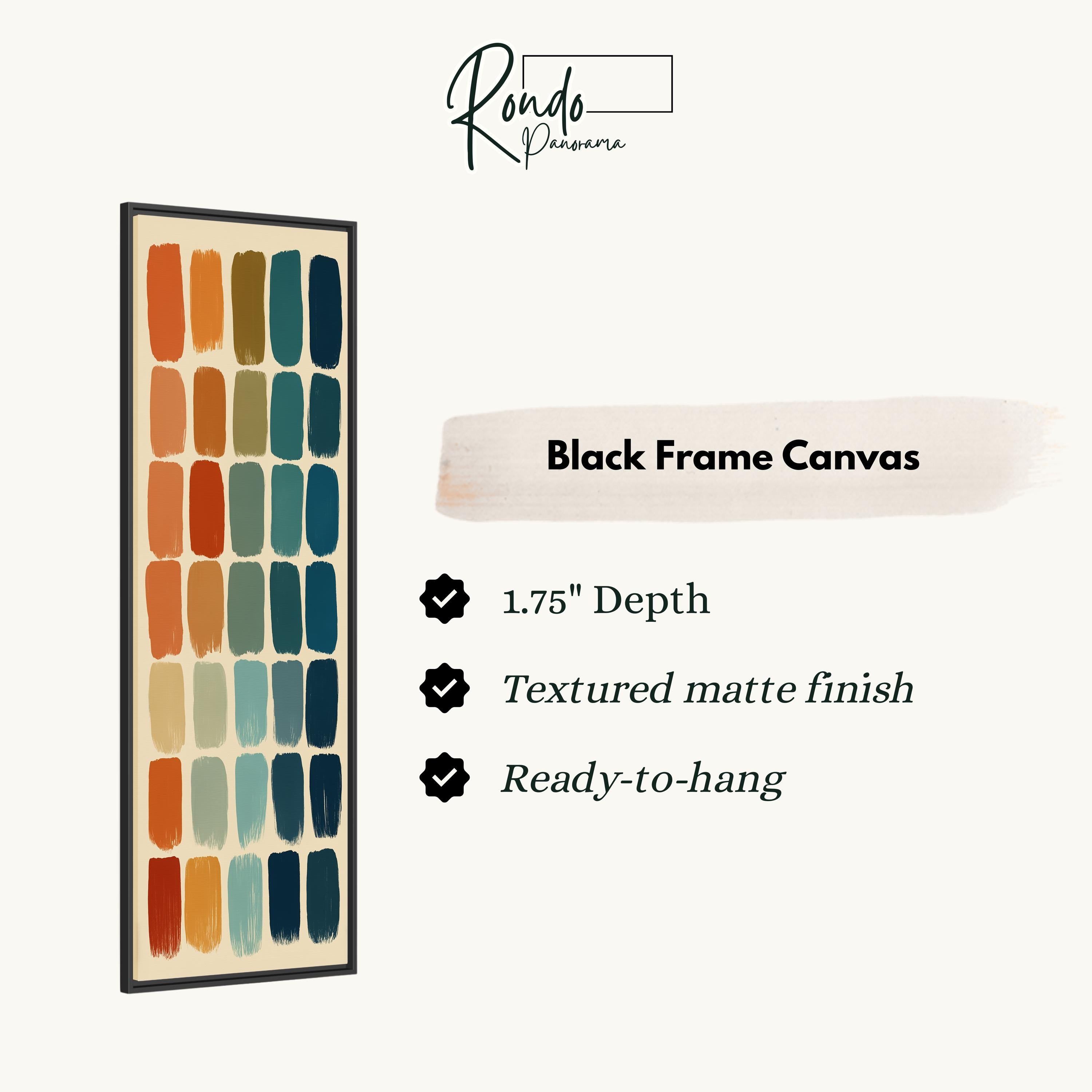 The image is a product description for a black frame canvas. It features a vertical arrangement of colorful brushstrokes in various shades of orange, blue, green, and yellow. The product has a 1.75" depth, a textured matte finish, and is ready to hang.