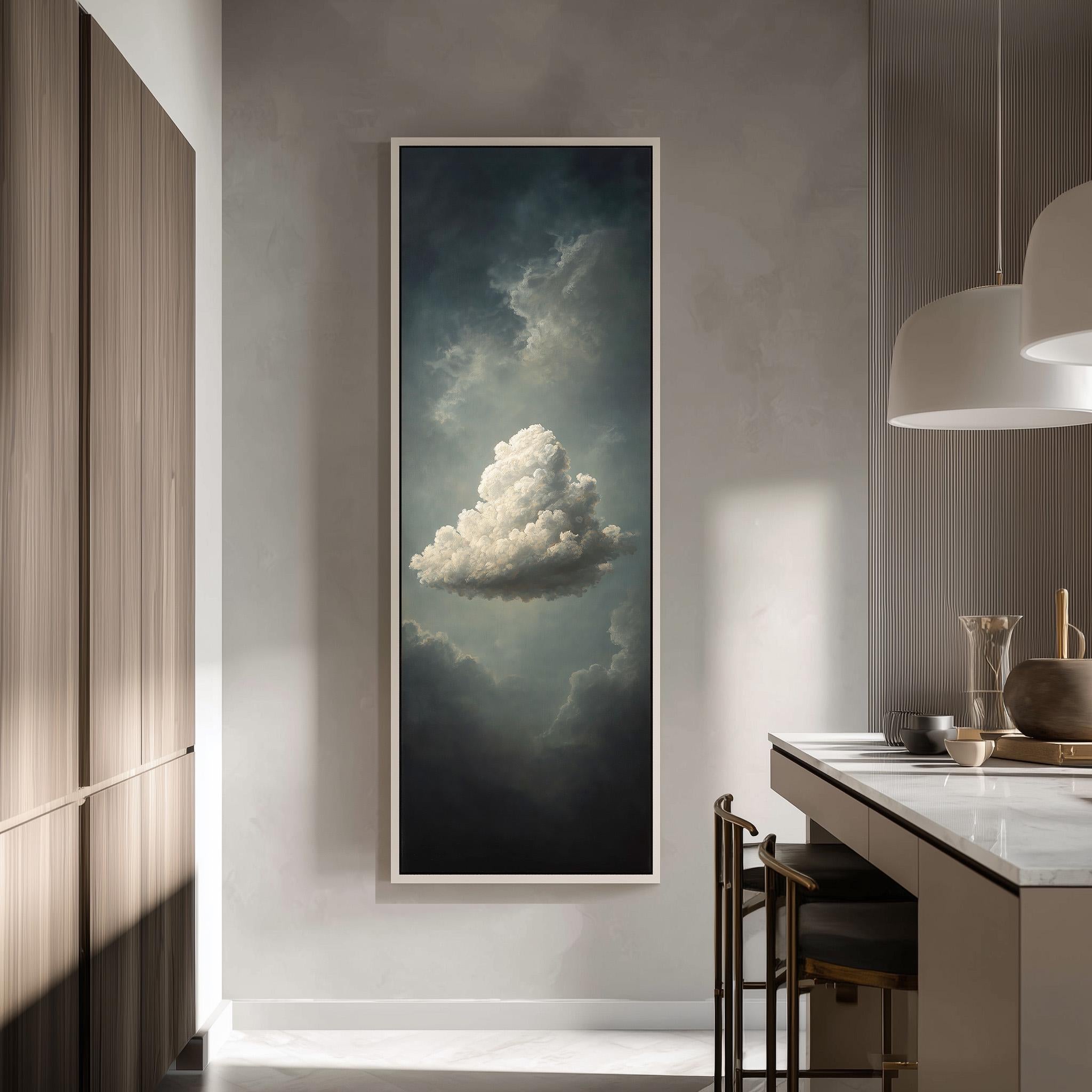 a large painting of a cloud hanging on a wall in a modern kitchen.