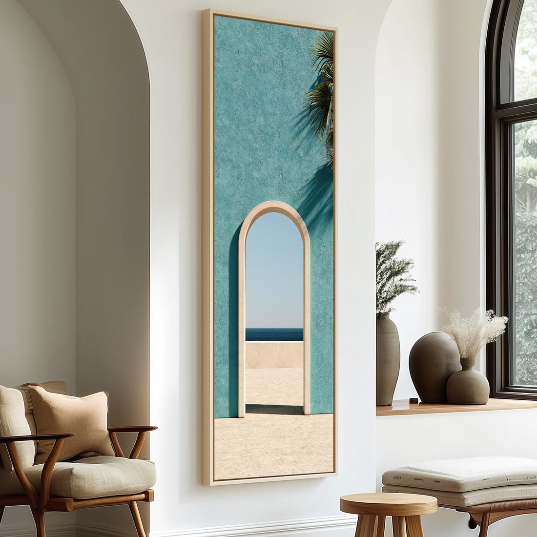 Arched doorway in a teal wall opening to the sea long vertical canvas print in a sunlit living space