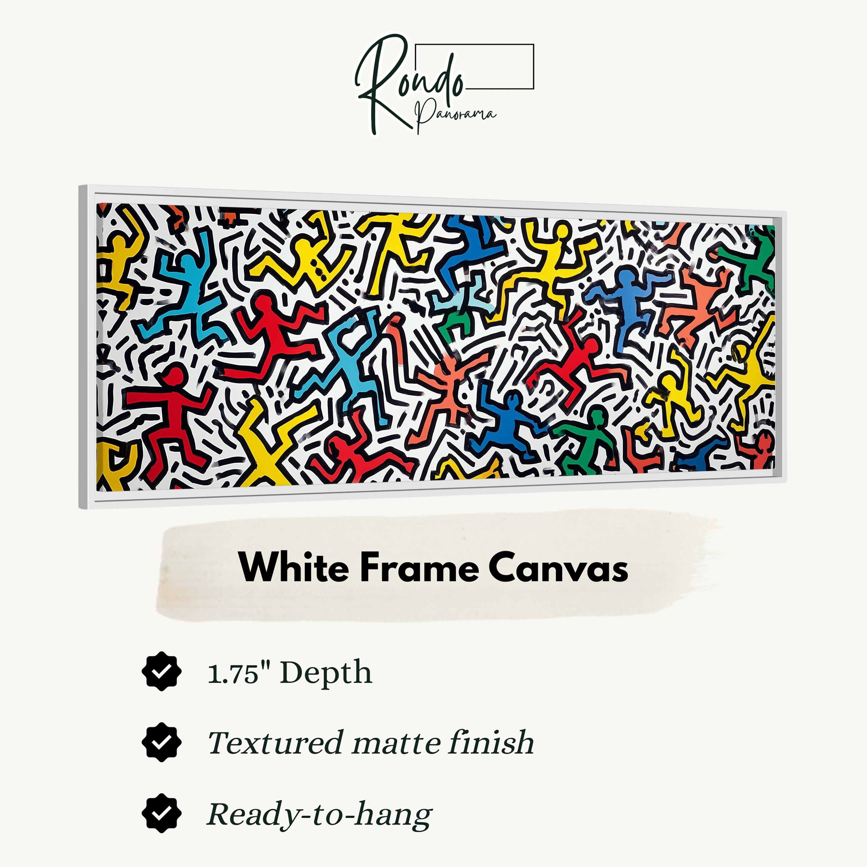 The image is a white frame canvas featuring a vibrant abstract artwork with a variety of colorful figures.