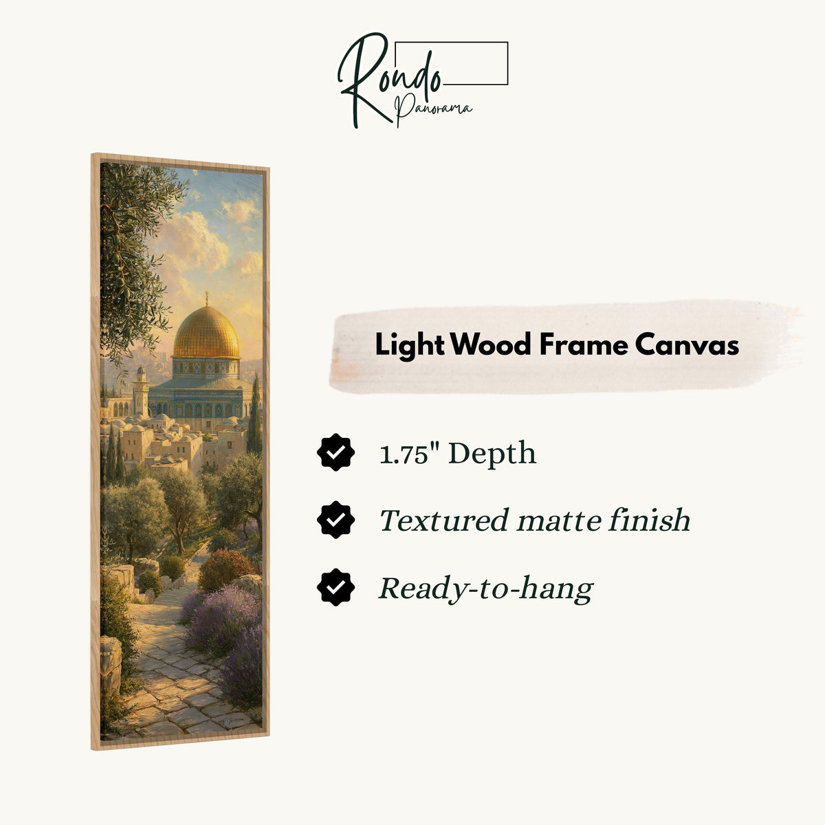 Garden path leading to the golden Dome of the Rock canvas print in a light wood floating frame