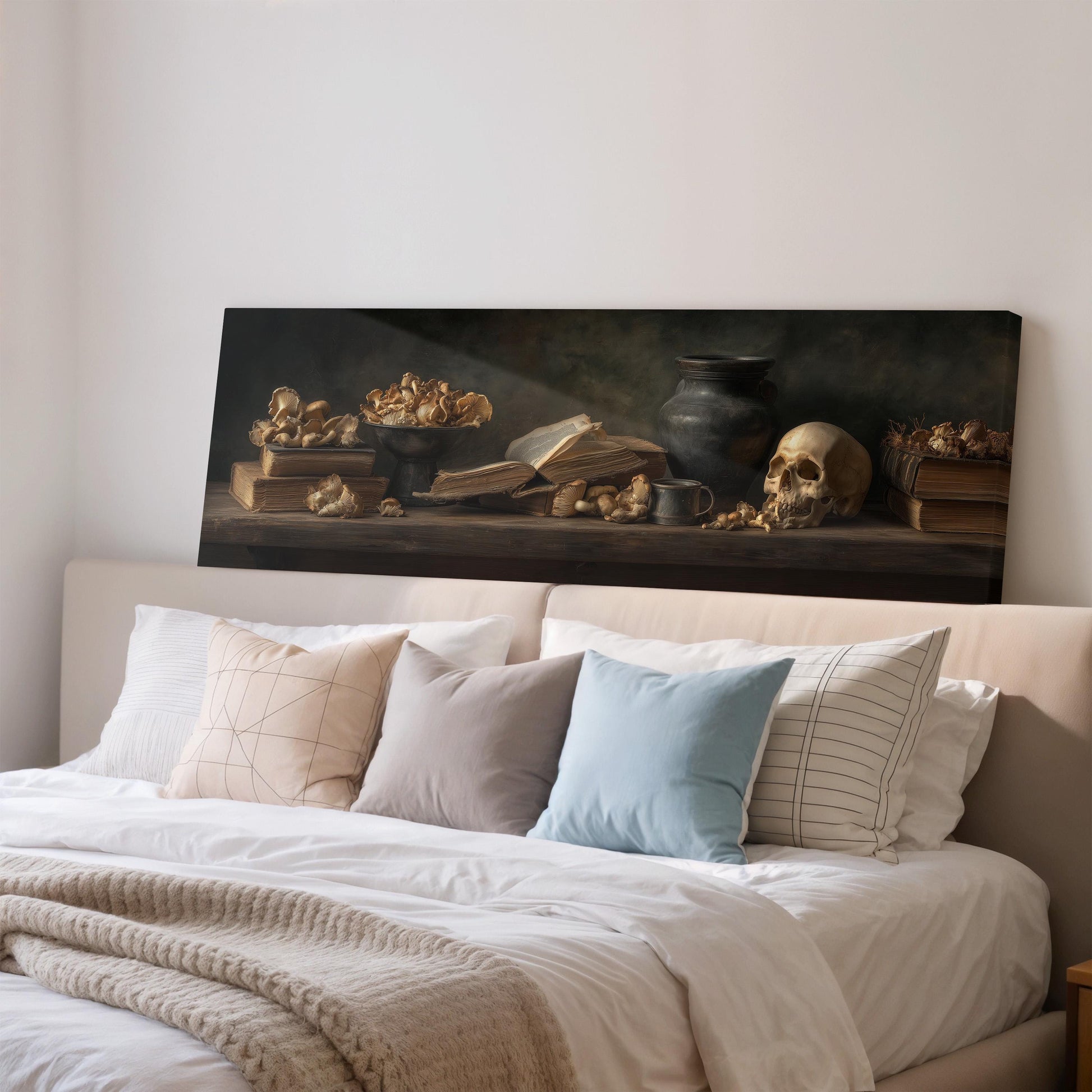 a bedroom with a bed, a painting of a still life on a shelf above it, and various decorative elements such as books and pillows.