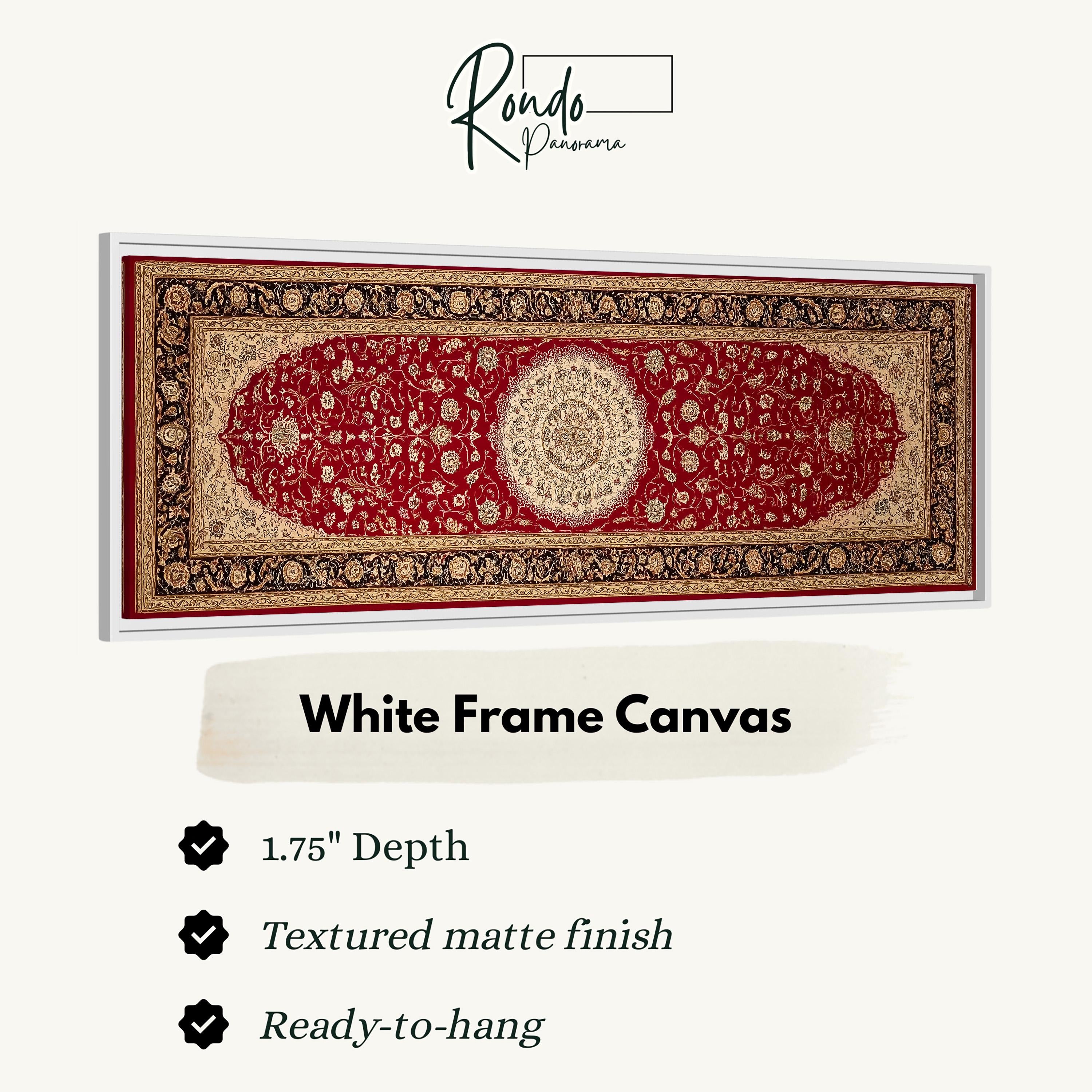 a large, white-framed canvas with a red and gold patterned design.