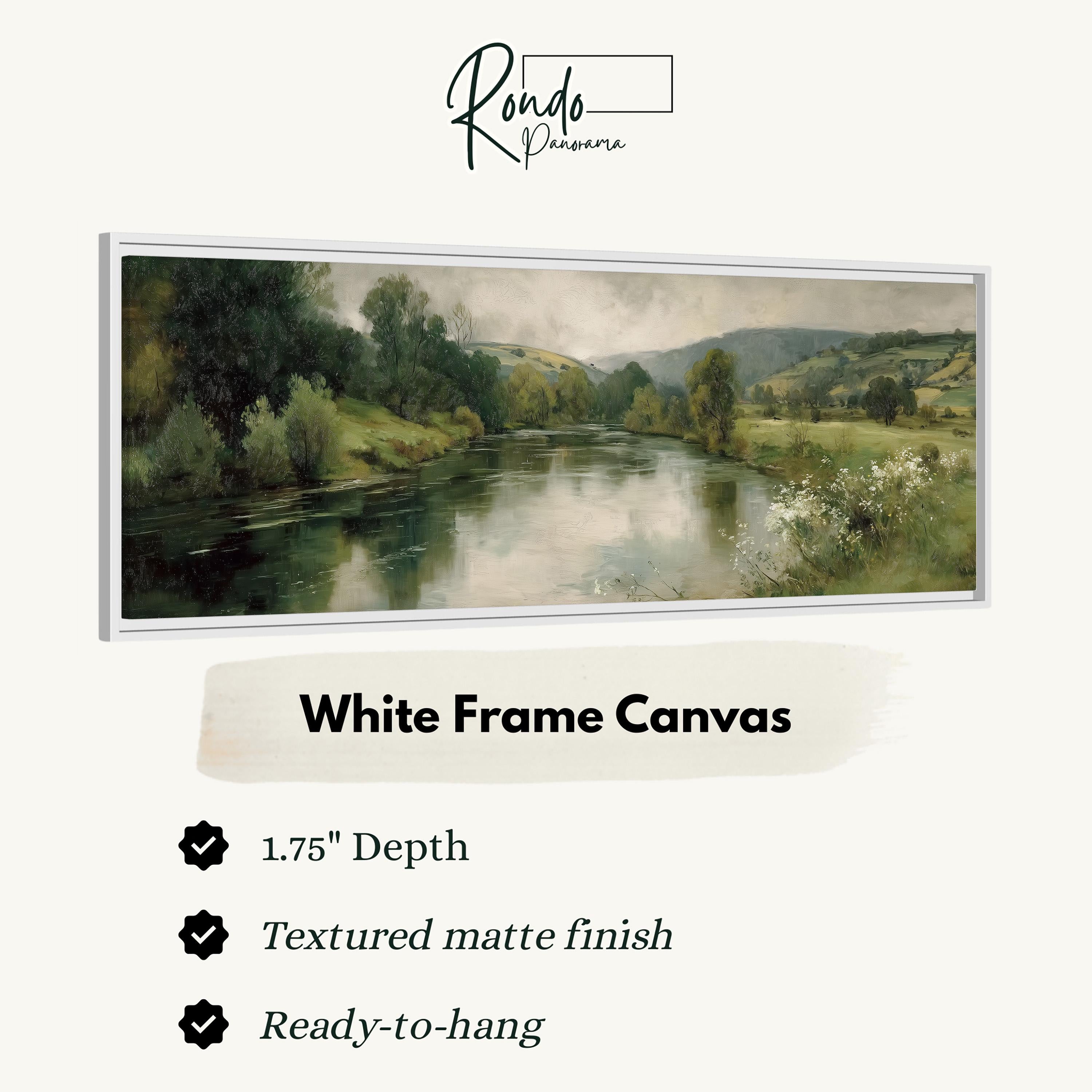 The image is a white frame canvas depicting a serene landscape with a river and trees.