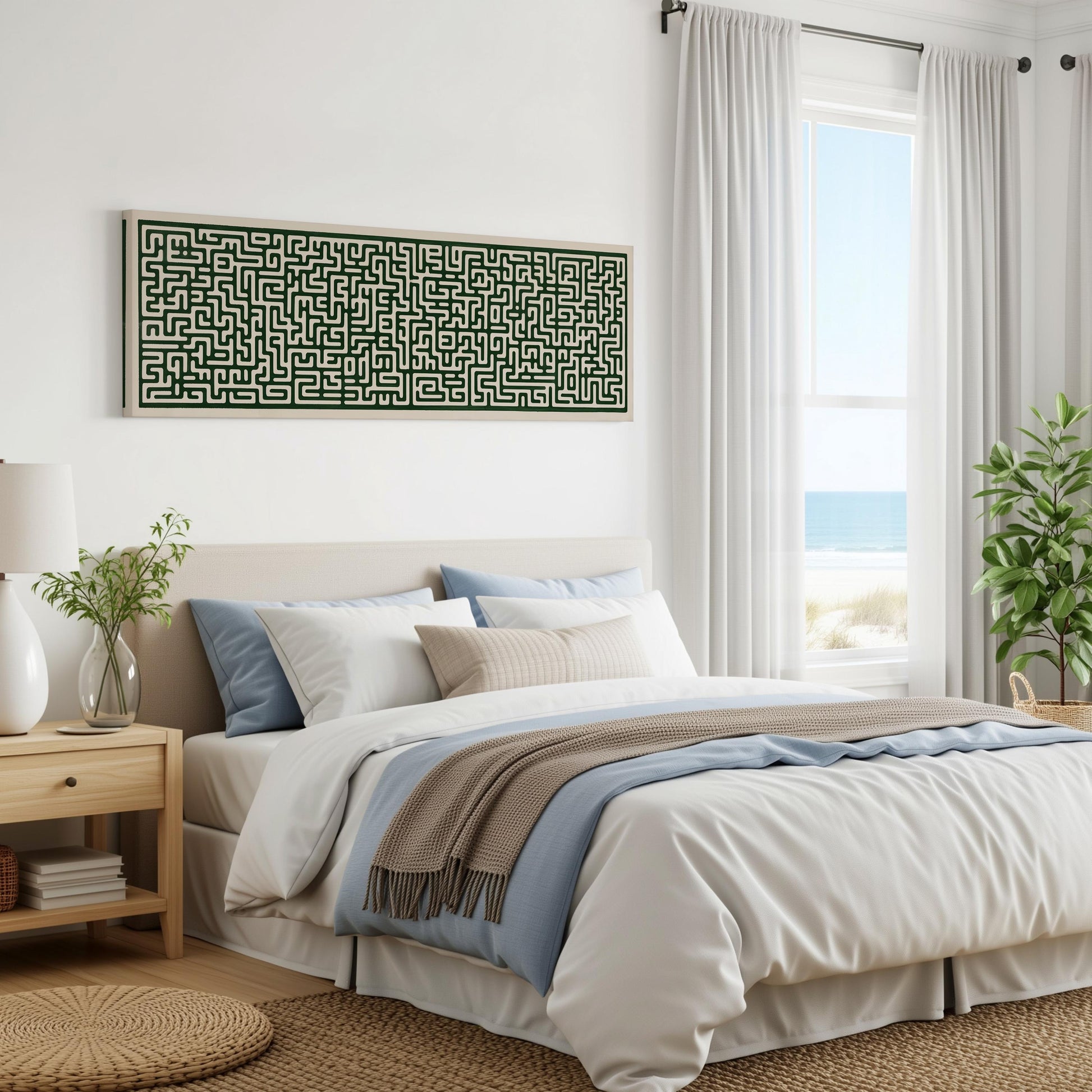 a serene and modern bedroom with a large bed, a nightstand, and a large window overlooking the ocean. The room has a minimalist and clean design, with white walls and a neutral color palette.