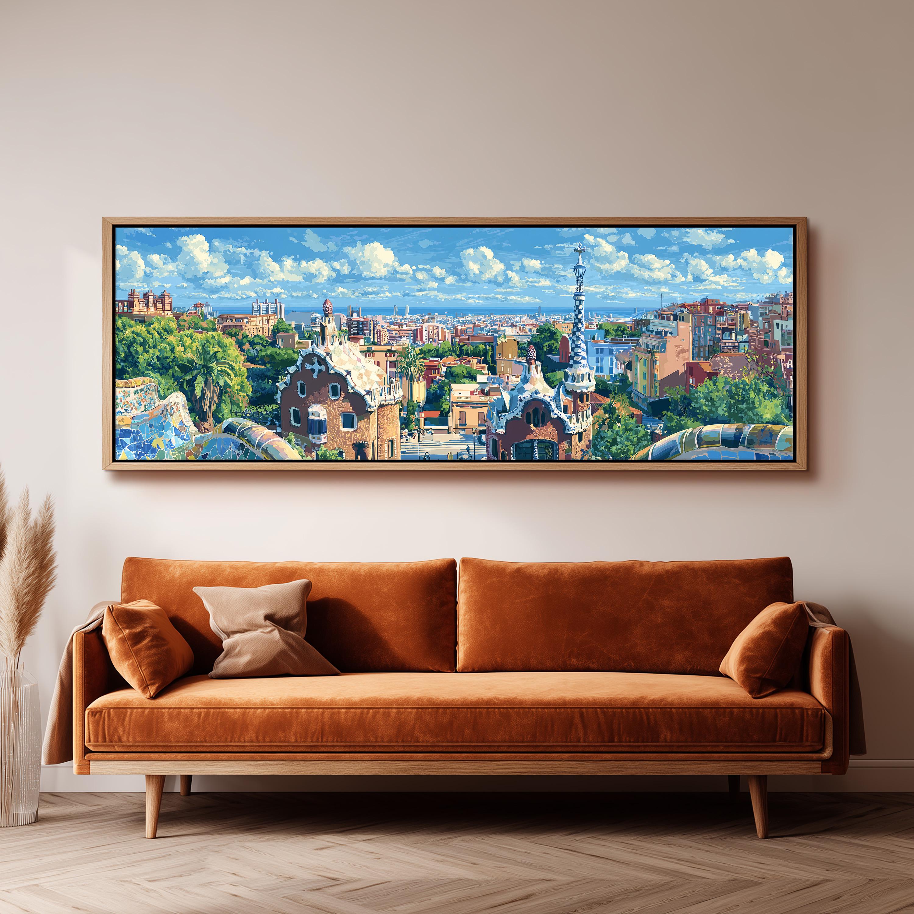 a large, framed painting of a cityscape hanging on a wall above a brown sofa.