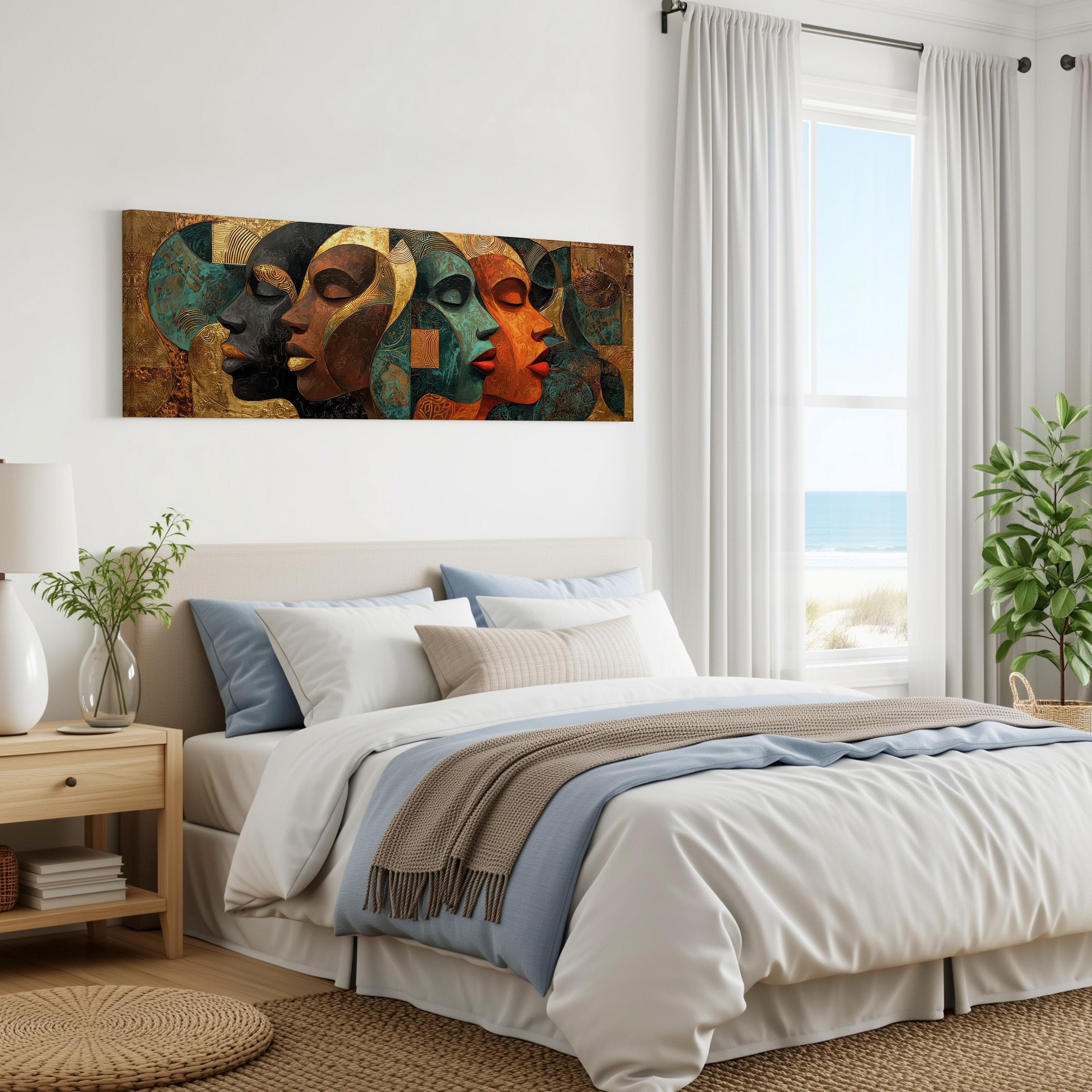 a modern bedroom with a large bed, a wooden nightstand, and a painting of colorful abstract faces on the wall.