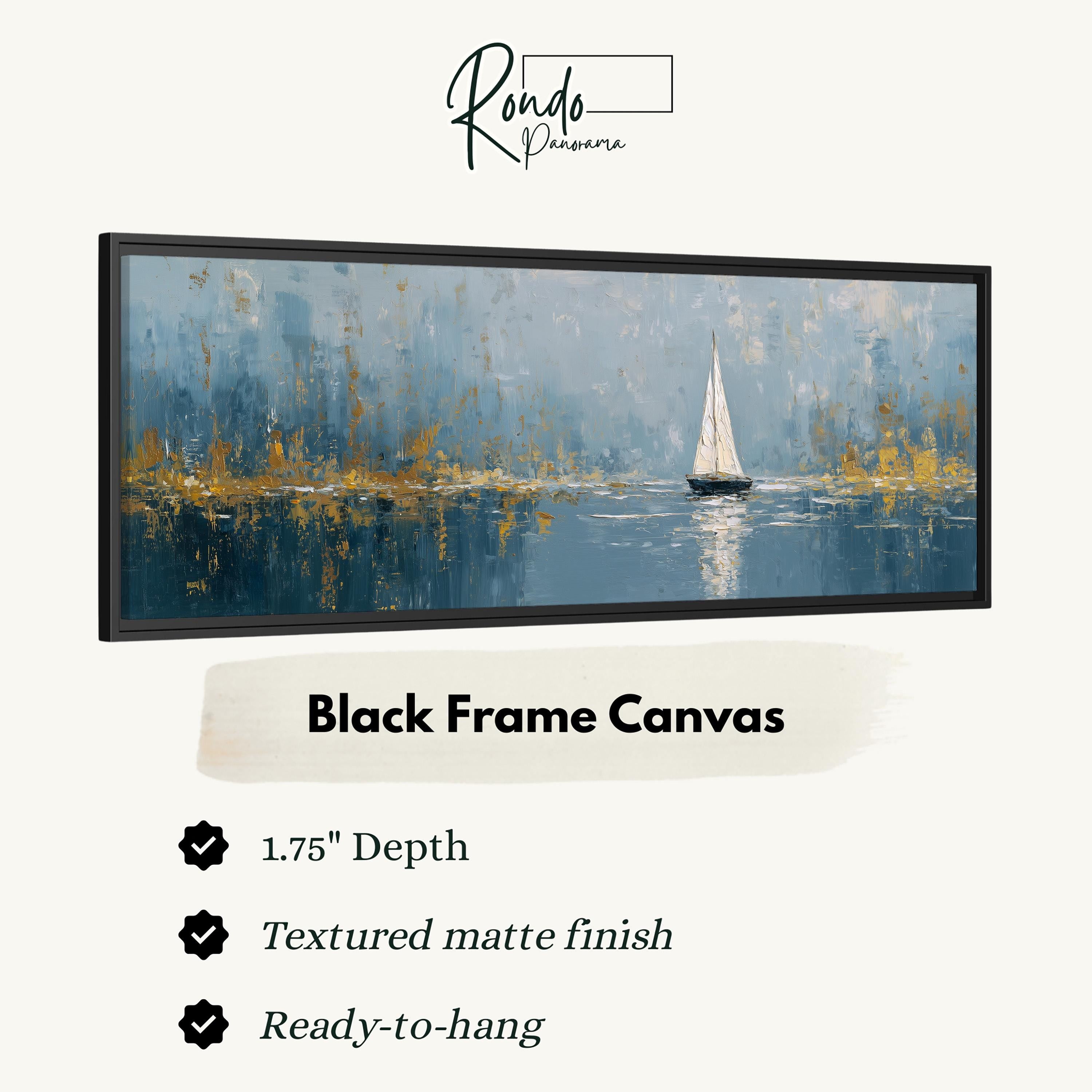 The image is a black frame canvas depicting a sailboat on a body of water, with a textured matte finish and a depth of 1.75 inches.