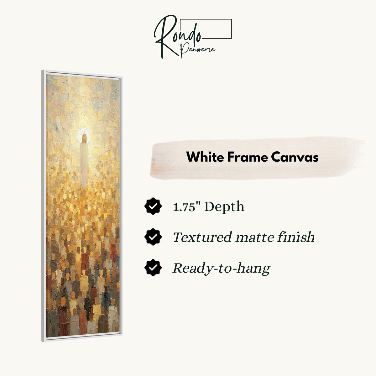 Jesus glowing above a golden crowd canvas print in a white floating frame