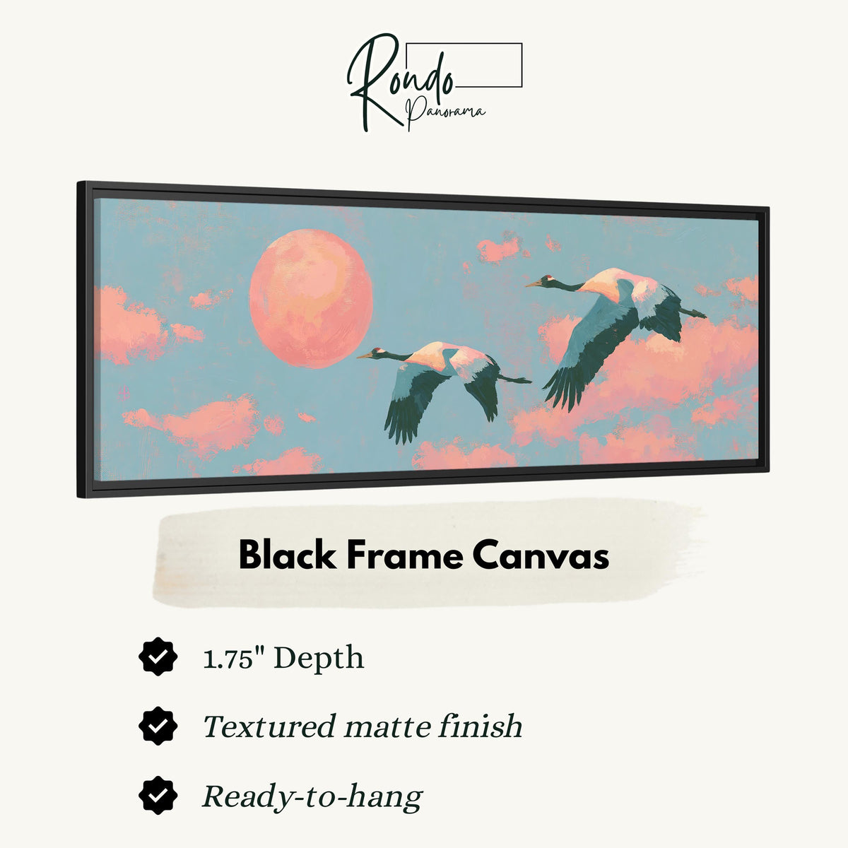 Two cranes flying at sunset canvas print in a black floating frame