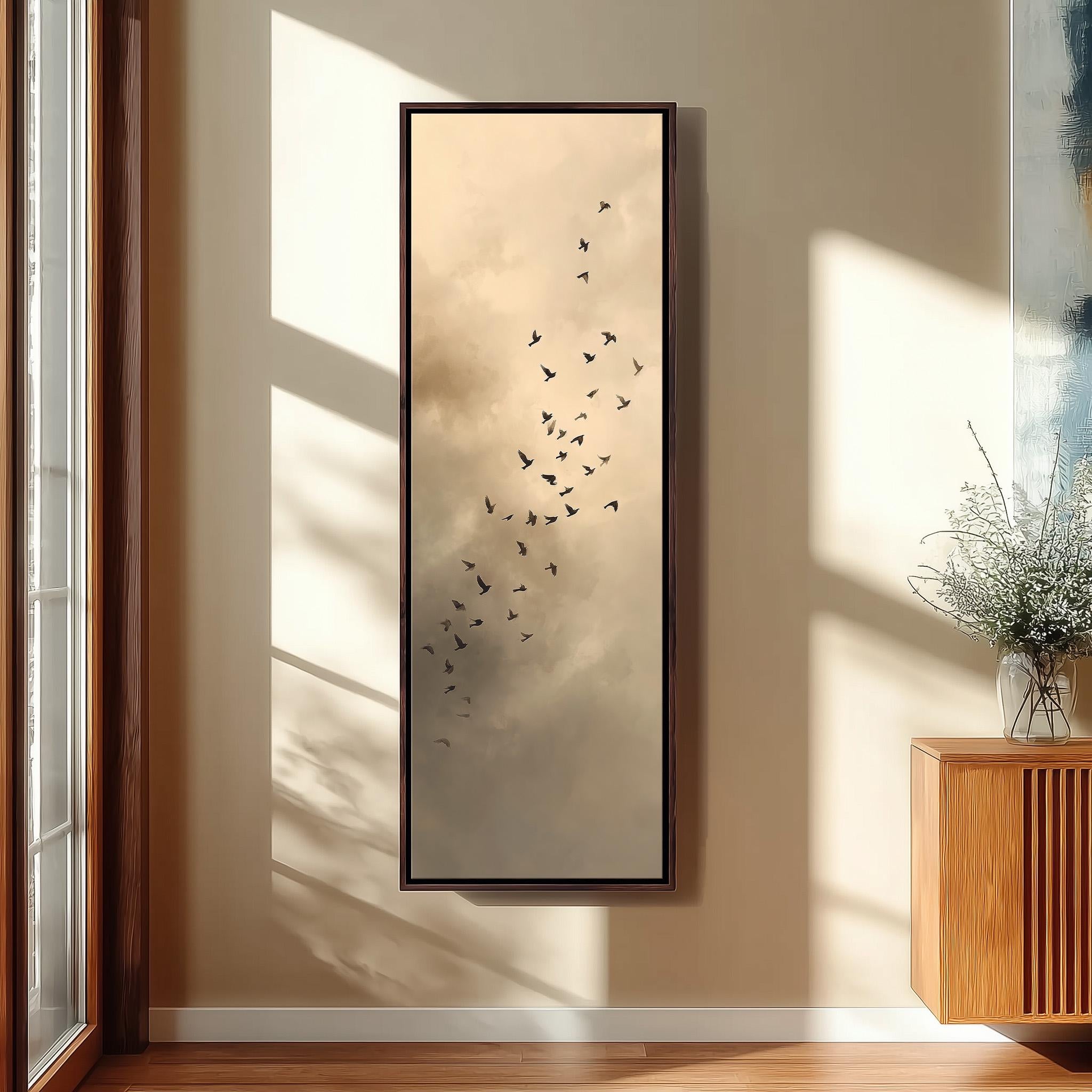 a large framed picture of a flock of birds flying in the sky, hanging on a wall in a room with a wooden cabinet and a vase of flowers.