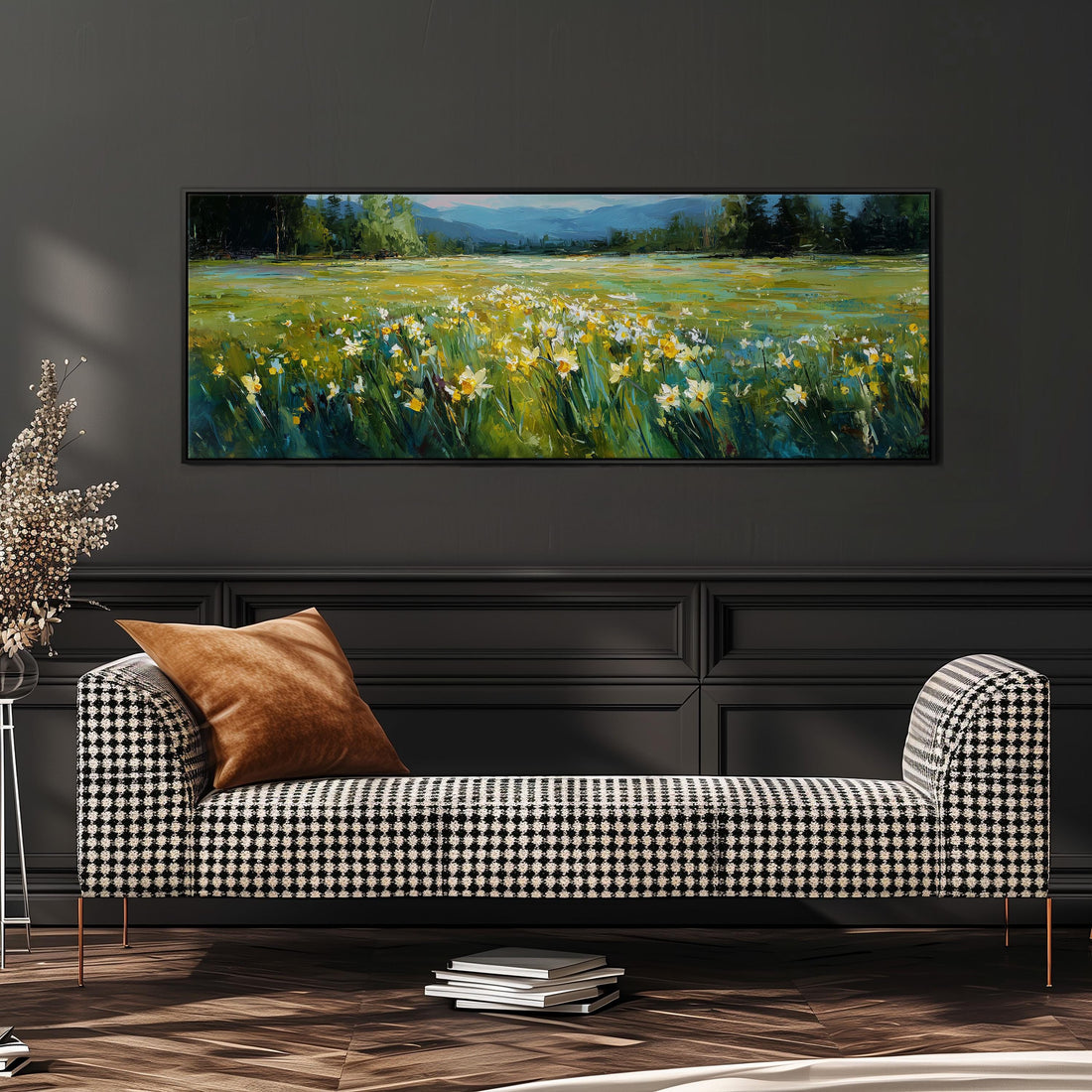 a large painting of a field with yellow flowers hanging on a wall above a brown sofa.