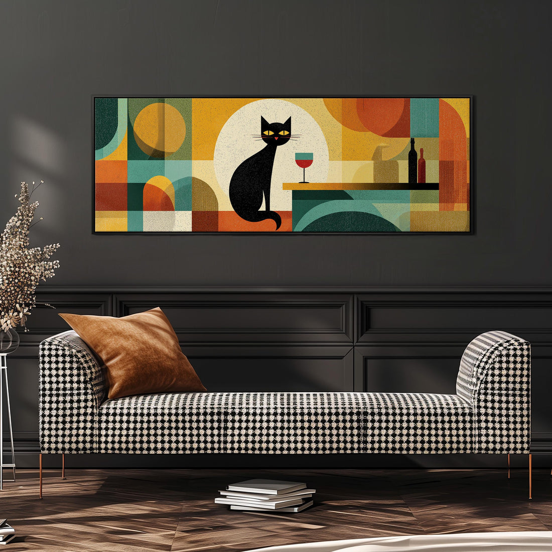 a large abstract painting of a black cat sitting on a table with a wine glass and bottle, set against a colorful geometric background.