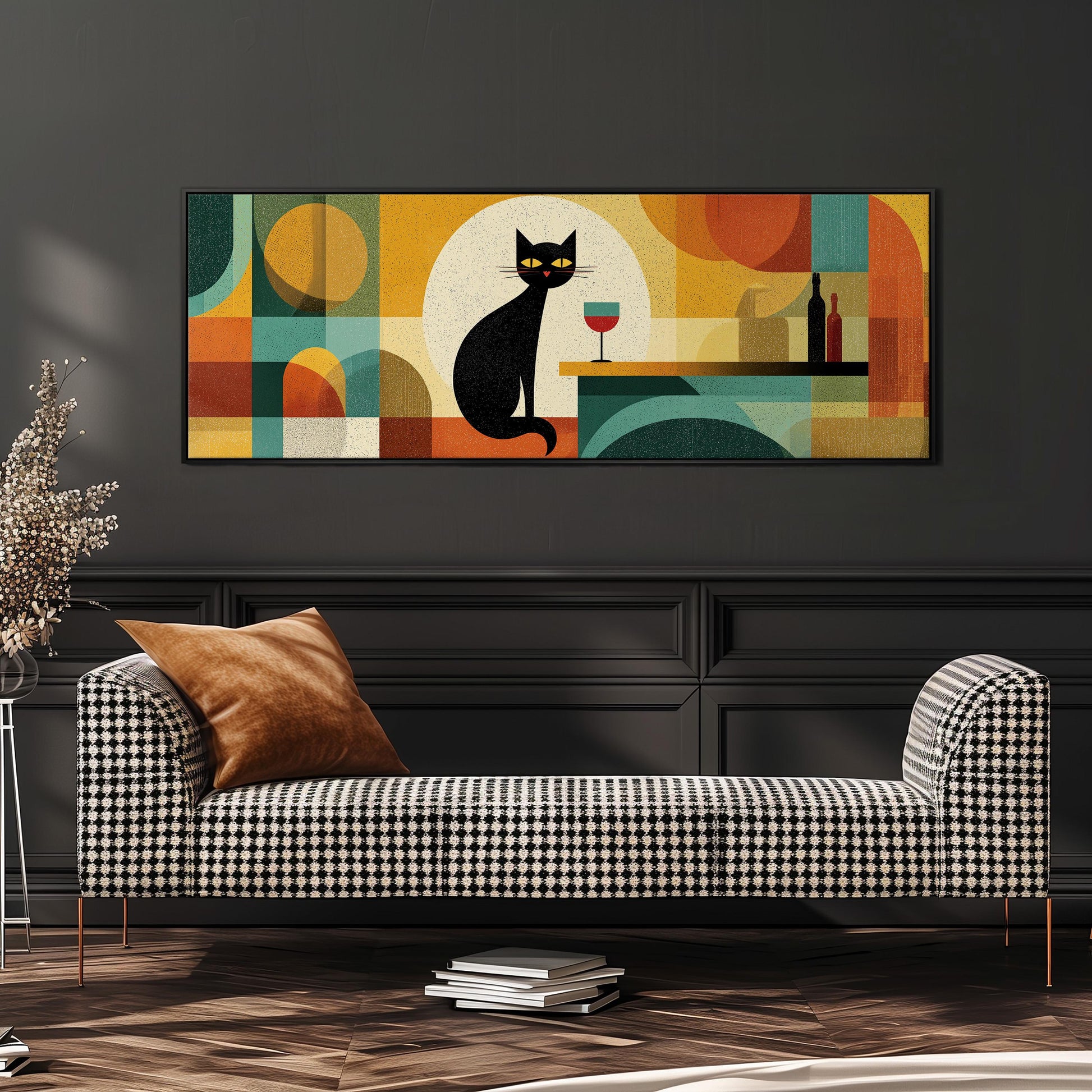 a black cat sitting on a table with a wine glass and a bottle of wine, surrounded by a colorful abstract background.