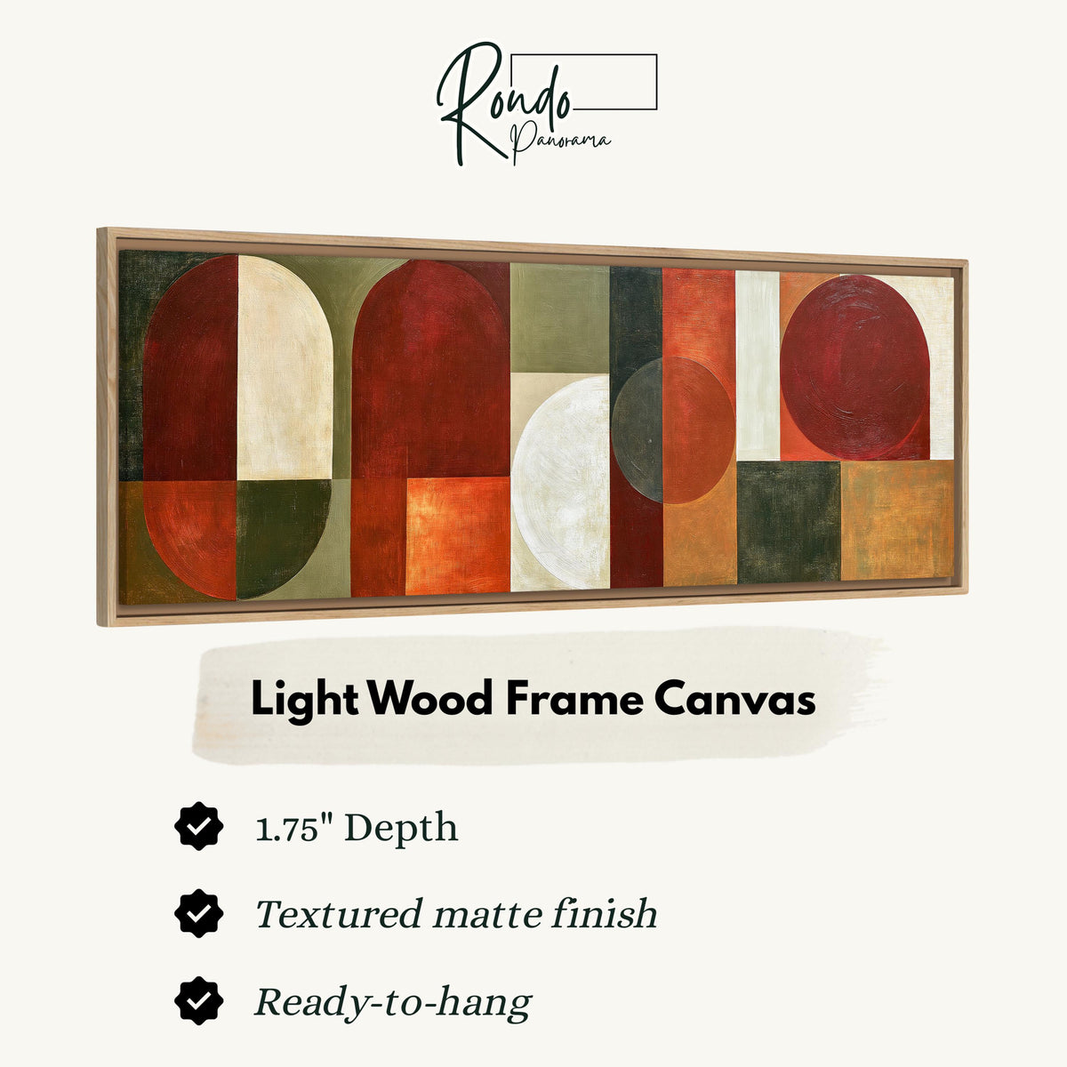 Maroon and olive geometric arches canvas print in a light wood floating frame