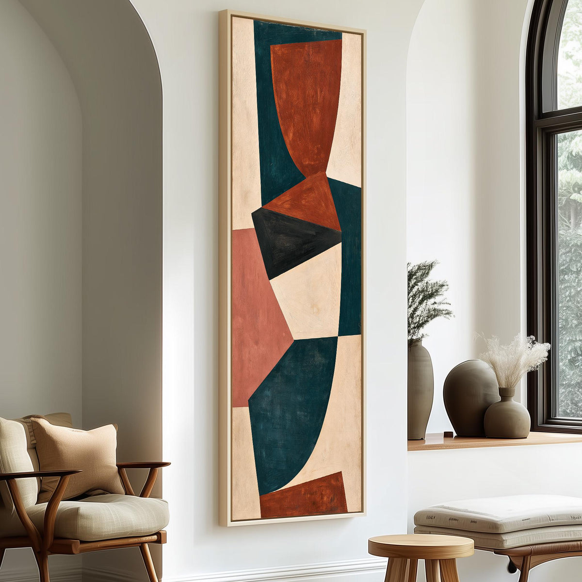 Curved blocks in rust, teal and cream tall skinny canvas print in a sunlit living space