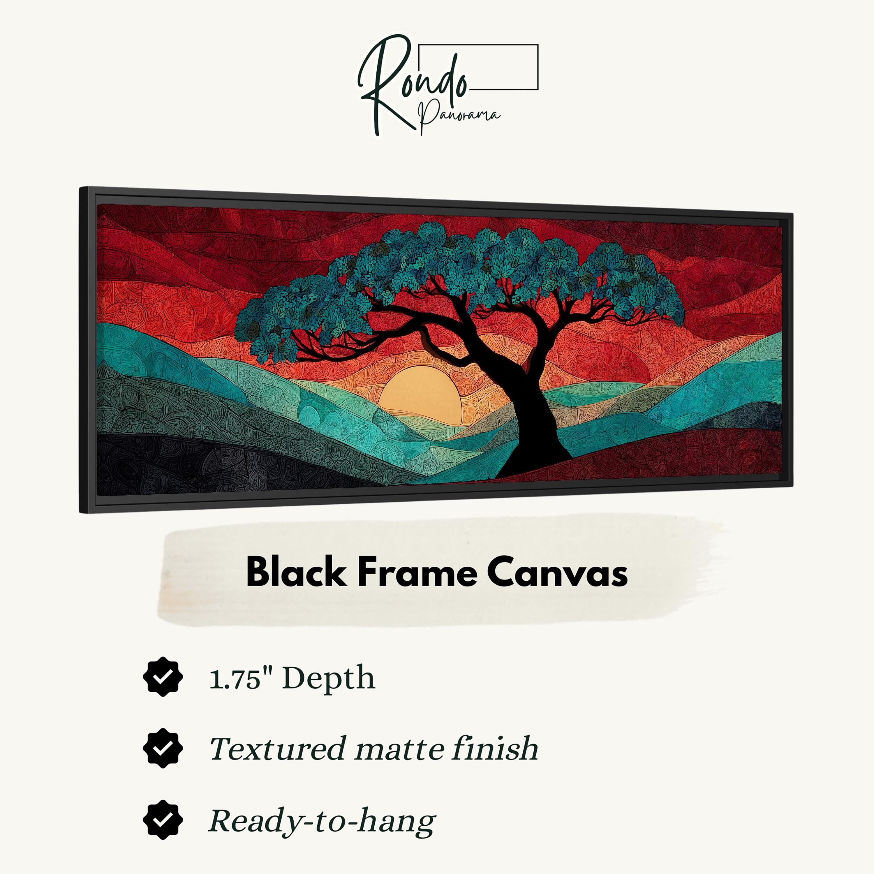 The image is a black frame canvas depicting a tree with a sunset in the background.