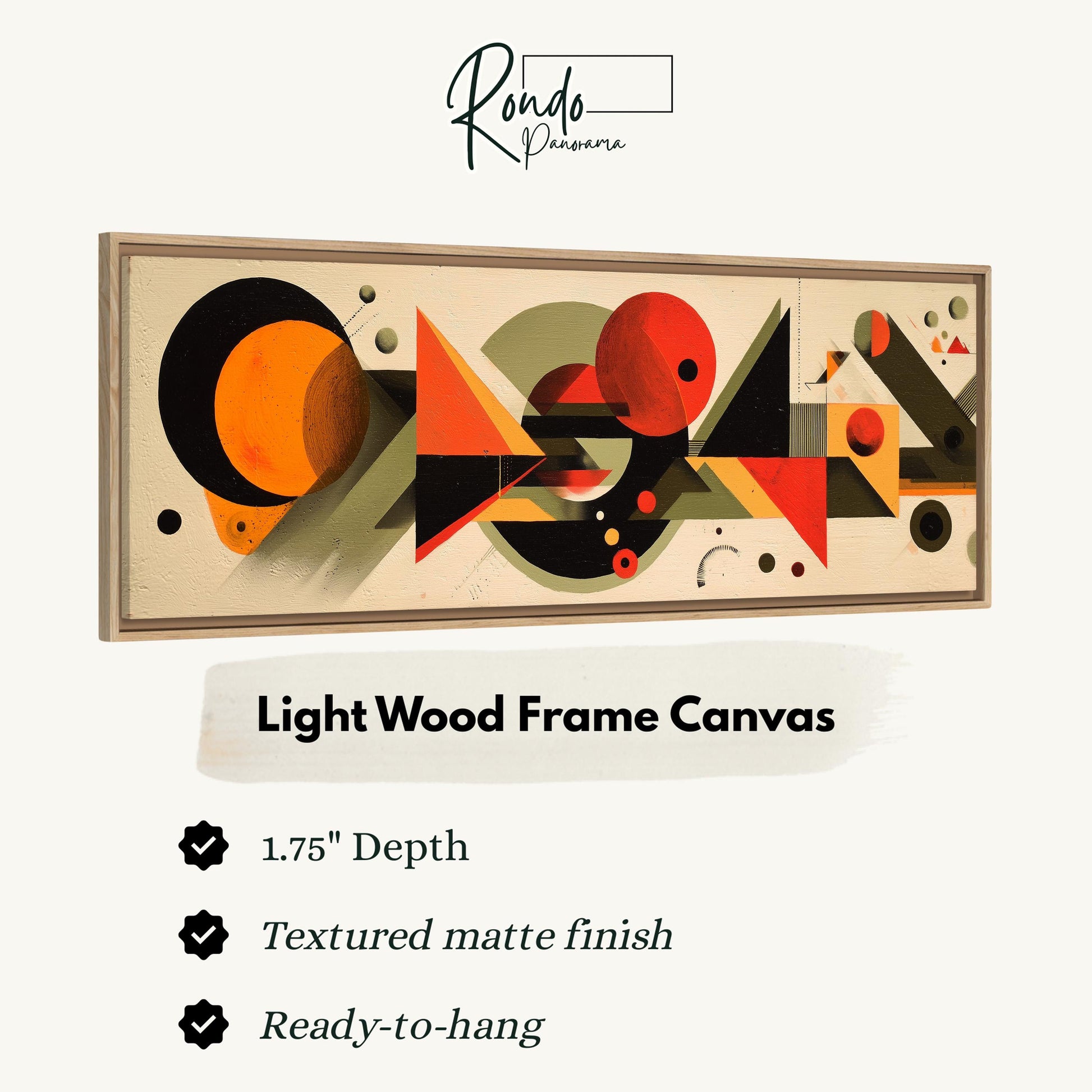 The image is a light wood frame canvas featuring abstract geometric shapes and patterns in various colors, including orange, black, and green.