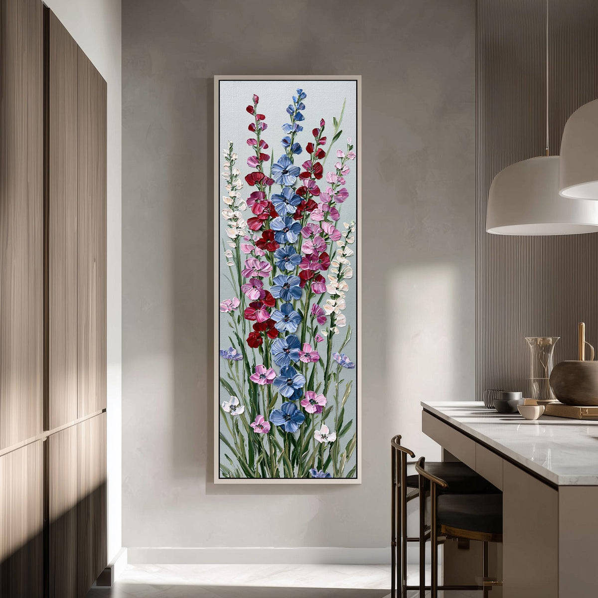 Tall delphinium flower stalks tall skinny canvas print in a modern kitchen