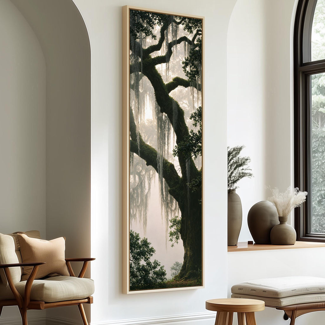 Live oak with Spanish moss in a misty forest long vertical canvas print in a sunlit living space