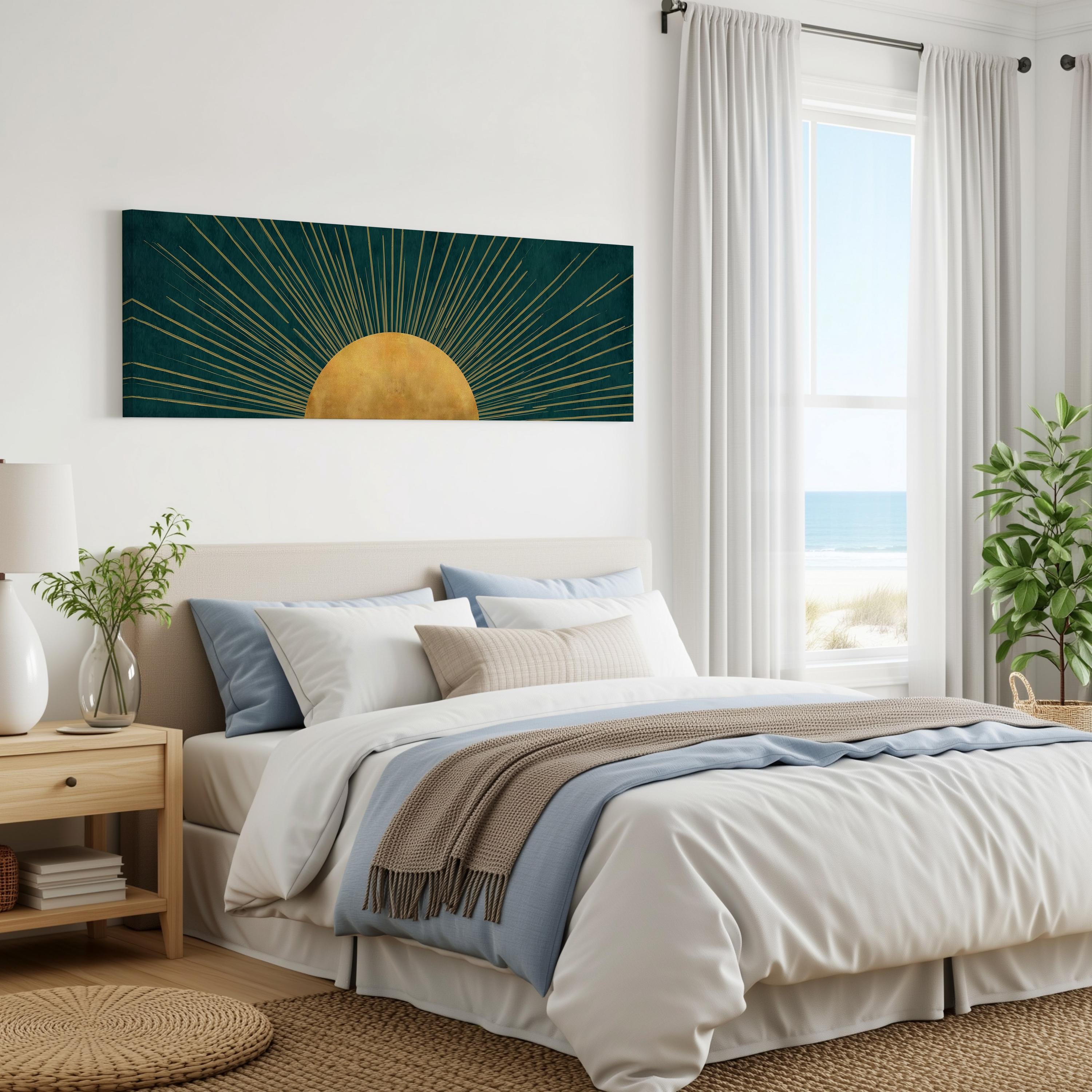 a serene bedroom with a large bed, a nightstand, and a painting of a sun on the wall. The room has a calming and peaceful atmosphere, with natural light coming in through the window and a view of the ocean.