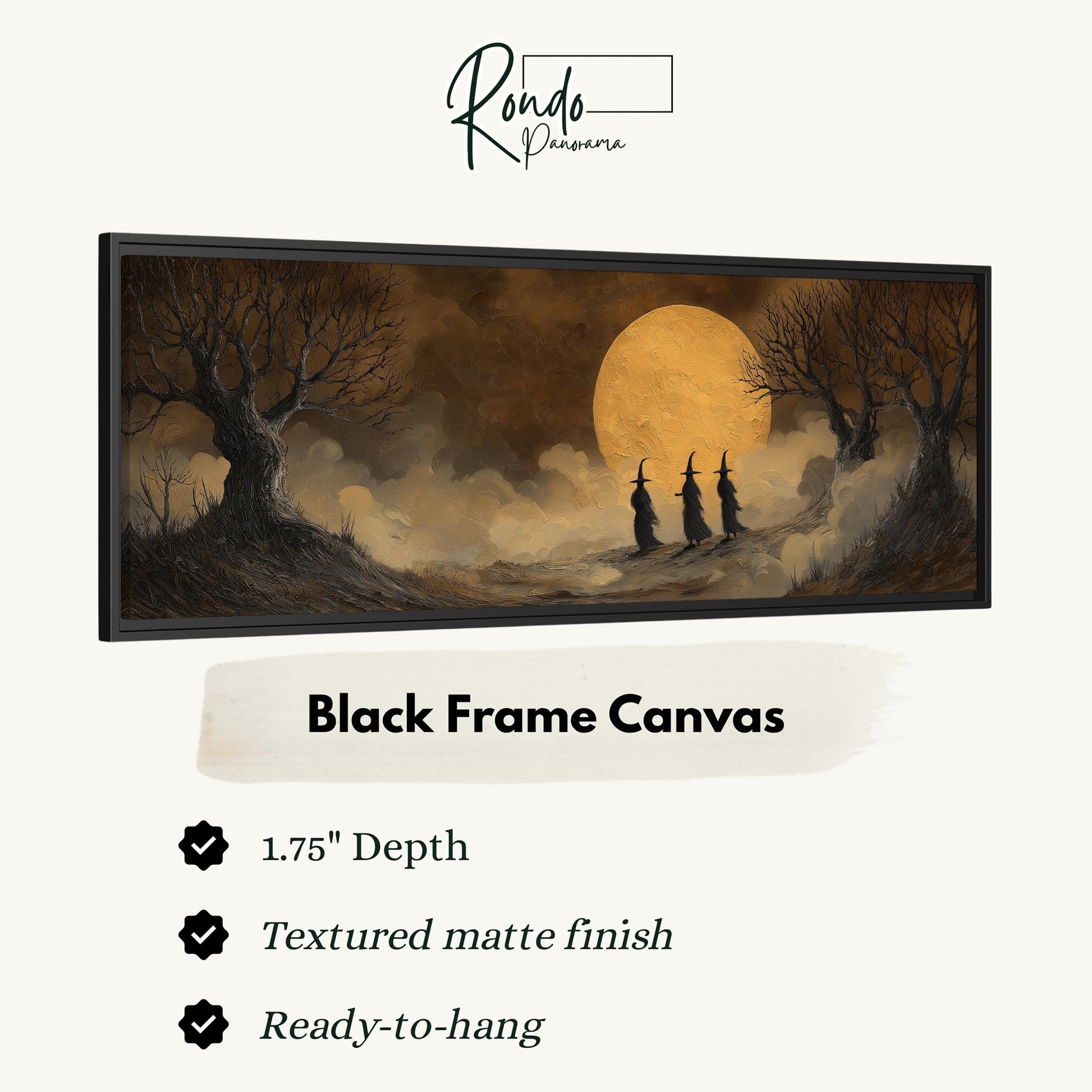 The image is a black frame canvas depicting a spooky scene with three witches walking through a foggy forest under a large, glowing moon.