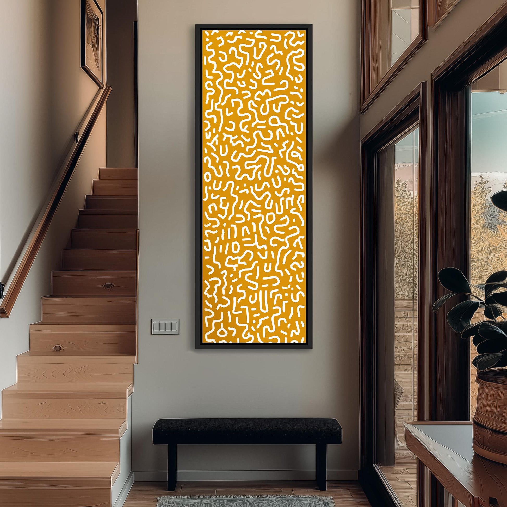 a modern and minimalist interior design with a large abstract painting hanging on the wall above a black bench.