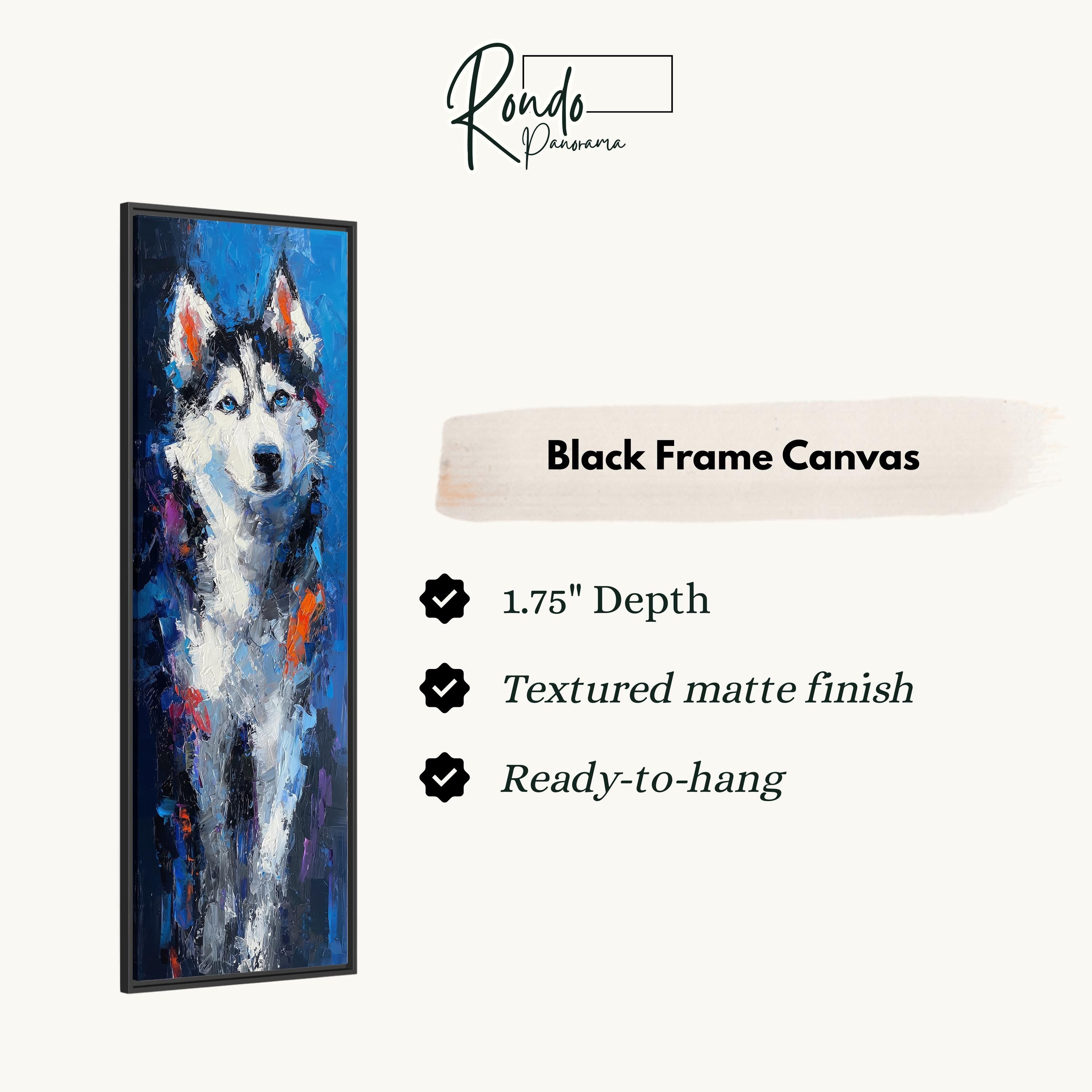 The image is a black frame canvas featuring a painting of a husky dog.