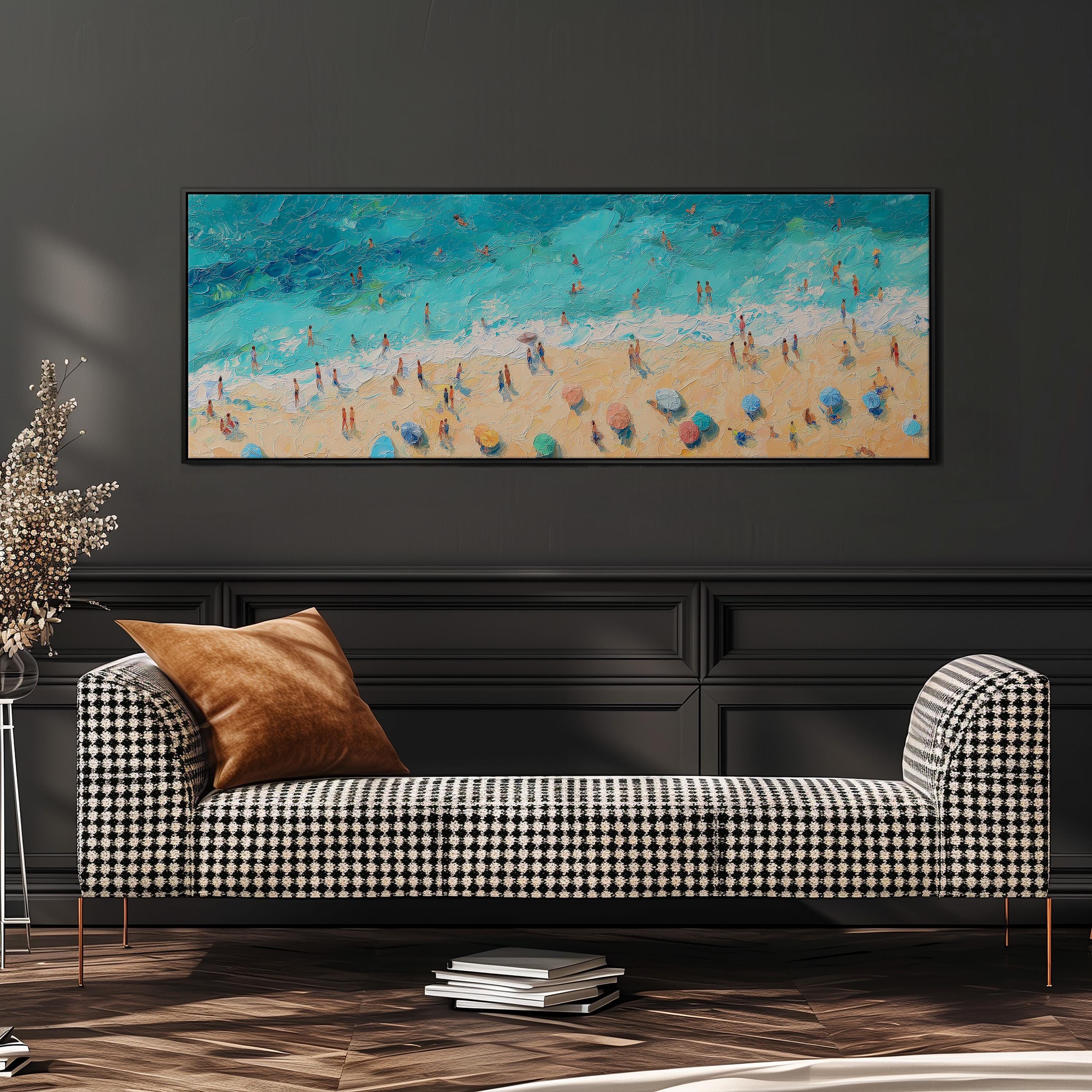 a large painting of a beach scene with people and umbrellas, hanging on a wall above a black and white checkered sofa.