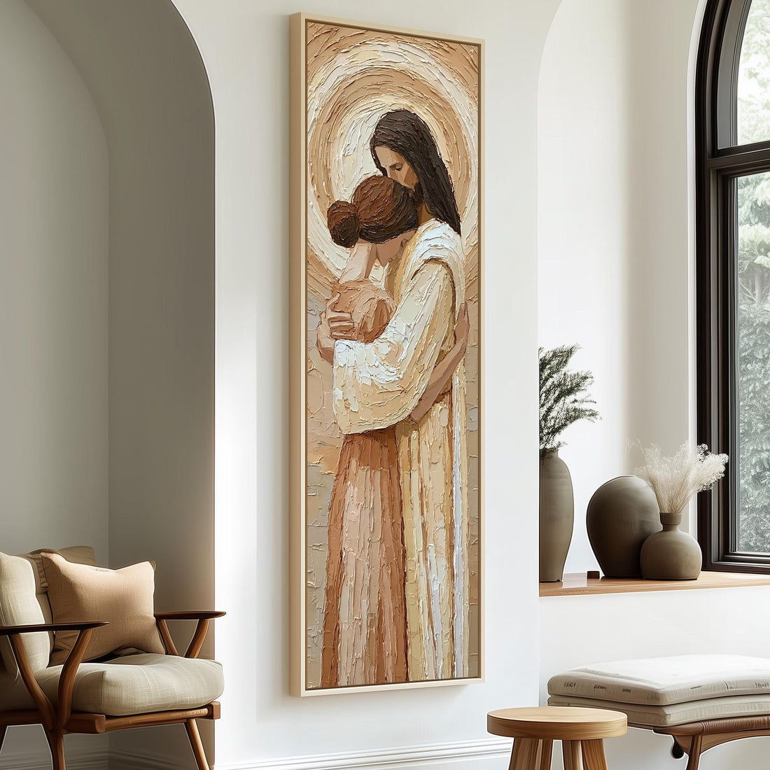 Jesus embracing a woman long vertical canvas print in a sunlit living space