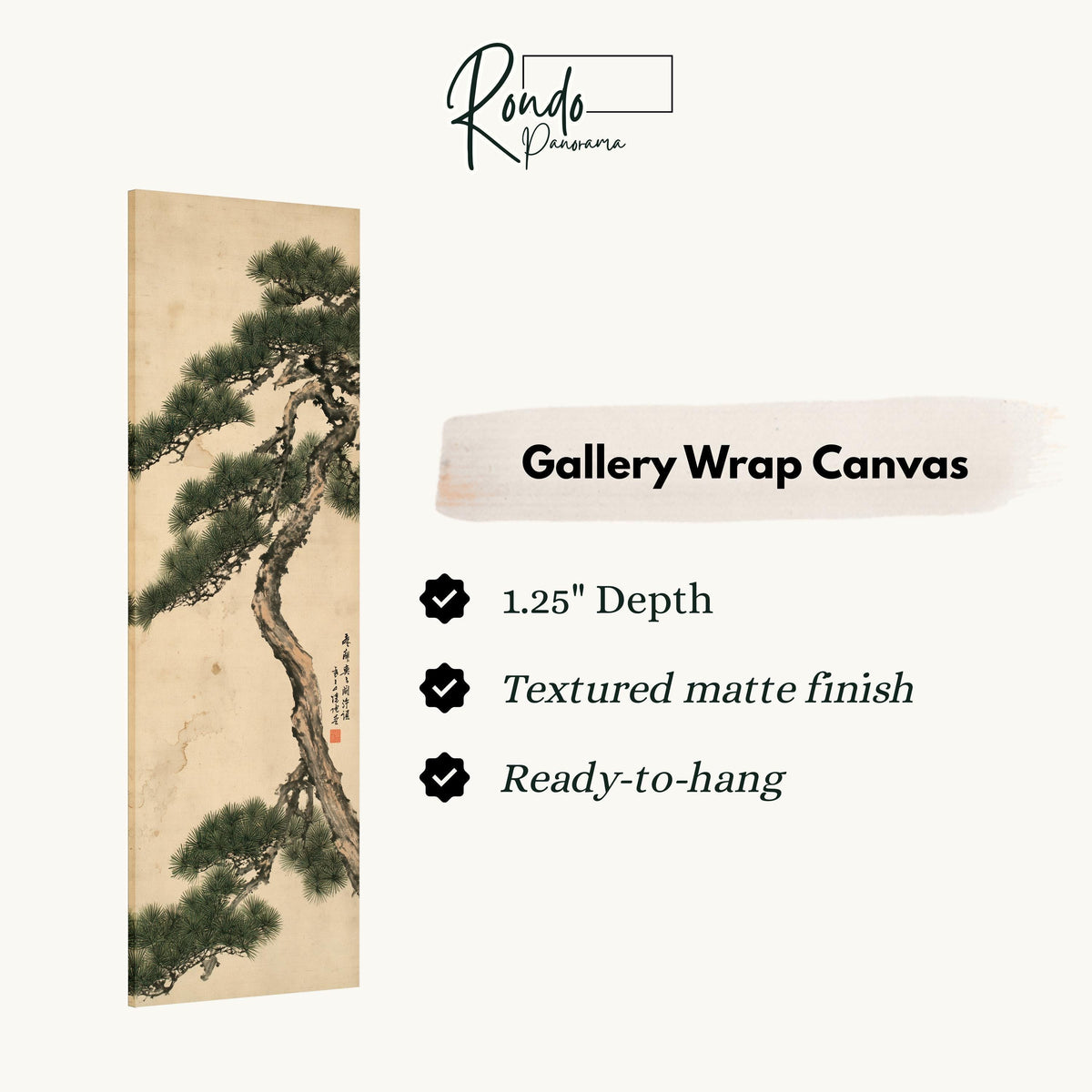 Twisting pine tree with calligraphy gallery wrap canvas with the image wrapped around the edges