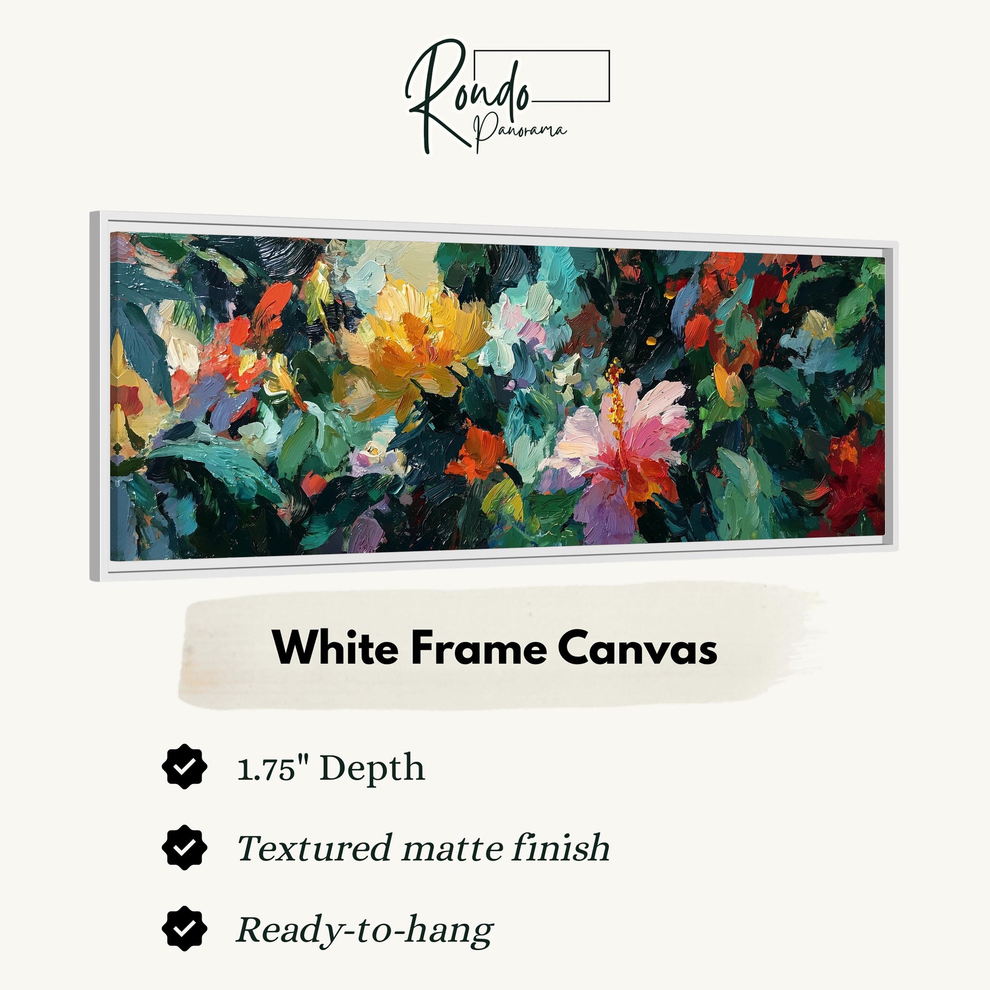 The image is a framed artwork depicting a vibrant, colorful painting of flowers.