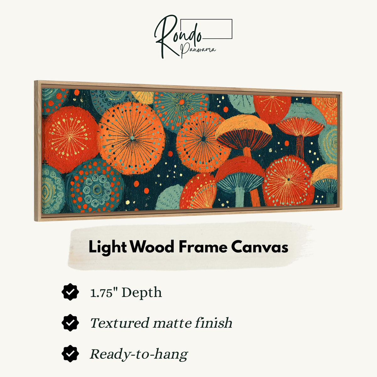 Orange and teal mushroom starburst canvas print in a light wood floating frame
