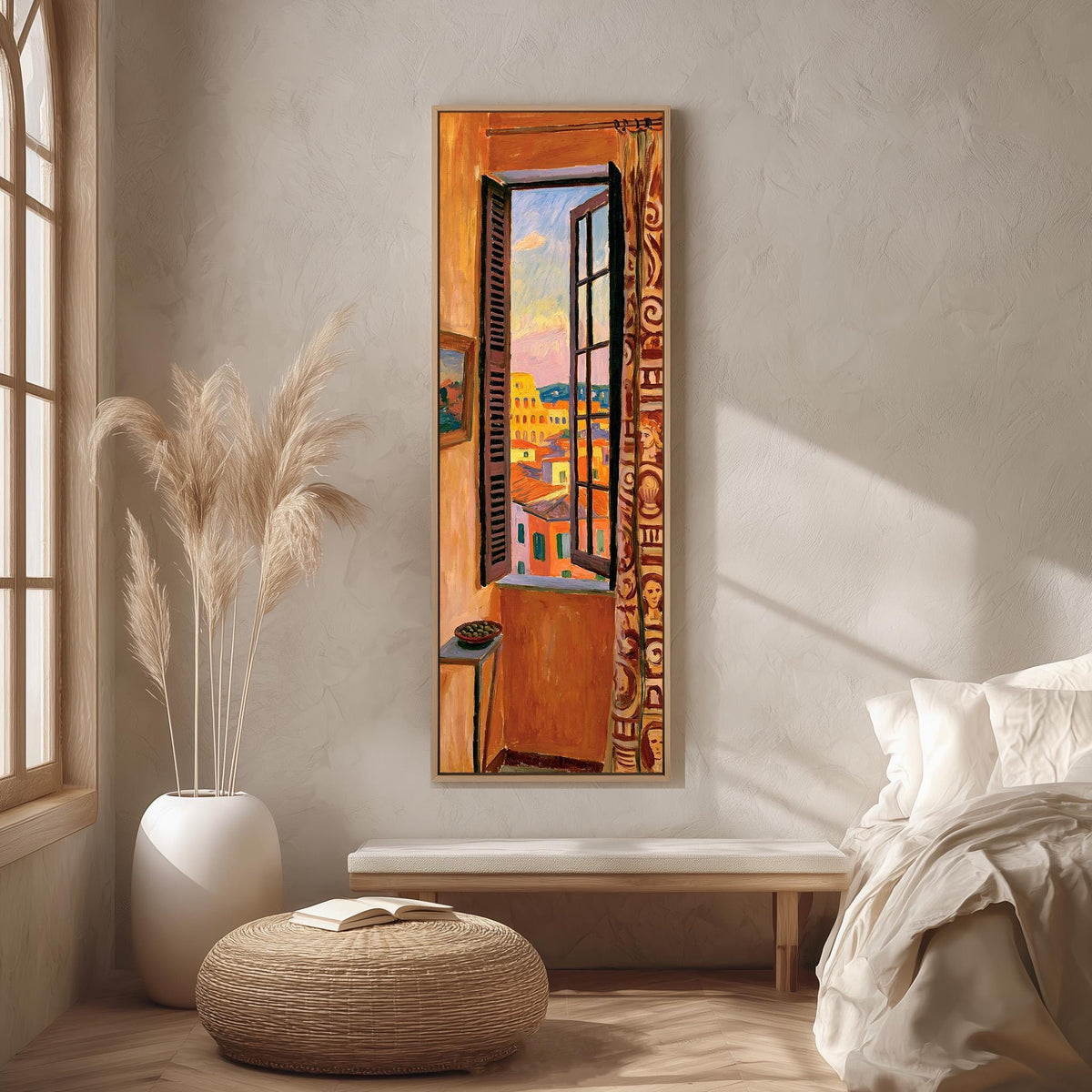 Rome's Colosseum through a tall orange room window long vertical canvas print in a bright reading corner
