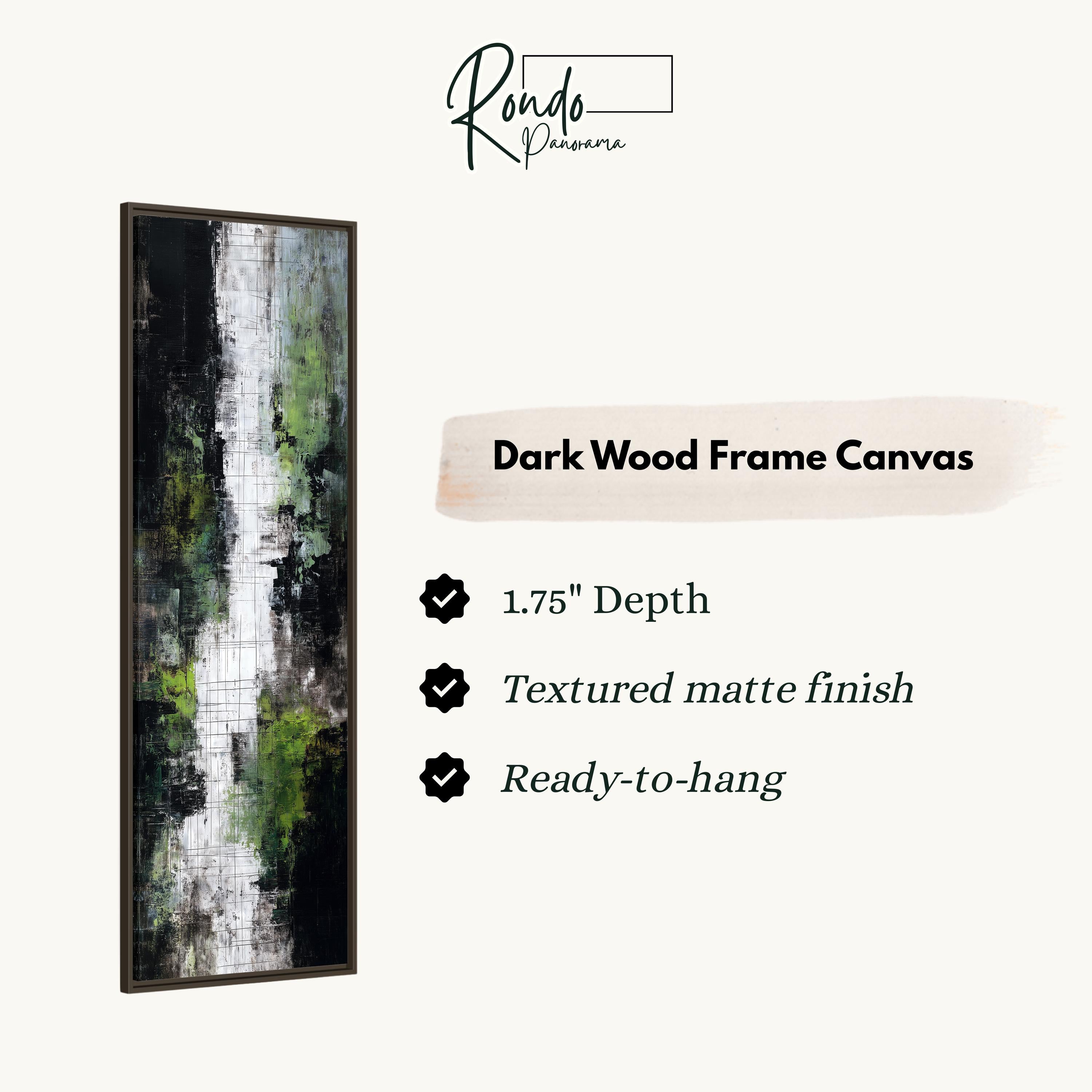 The image is a product advertisement for a dark wood frame canvas. It features a vertical painting with a white and green abstract design, and provides details about the product, including its dimensions, finish, and hanging capabilities.