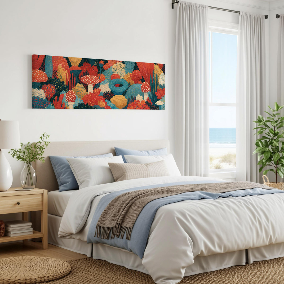 Mushroom and flower garden on teal panoramic canvas print above a bed in a coastal bedroom