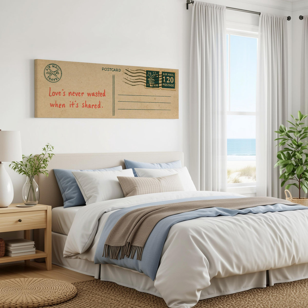 Vintage postcard with a love quote panoramic canvas print above a bed in a coastal bedroom