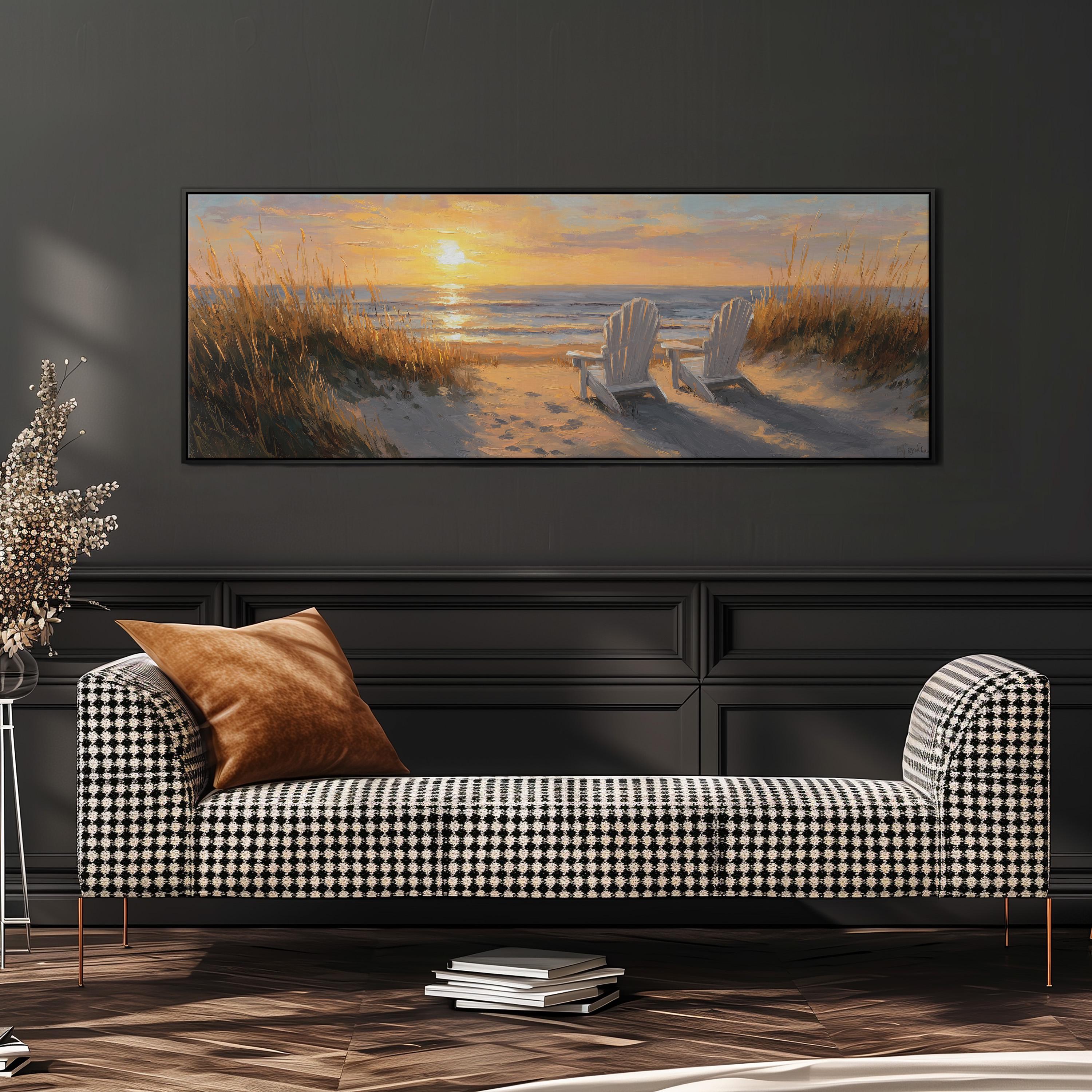 a large painting of a beach scene with two white chairs, a black and white checkered sofa, and a stack of books on the floor.