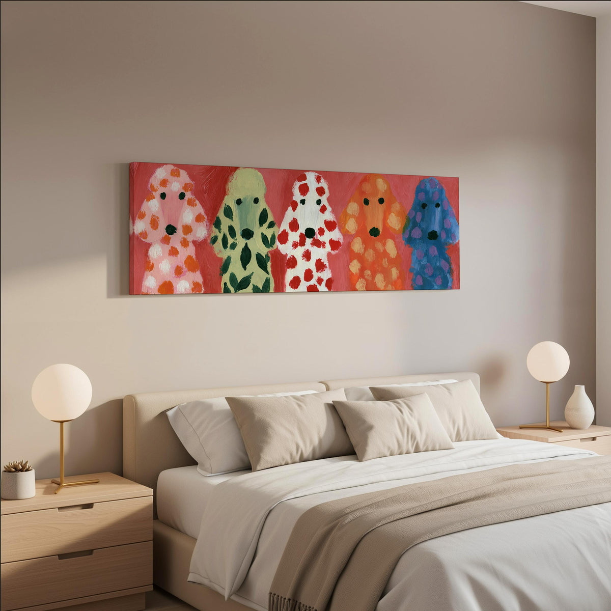 Five colorful poodles wide panoramic canvas print above a bed in a neutral bedroom
