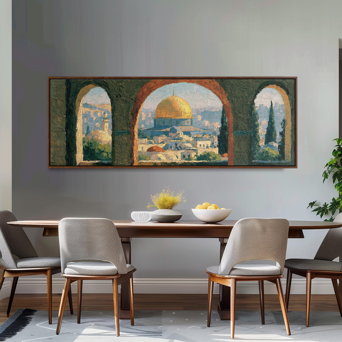 Dome of the Rock seen through stone arches long horizontal canvas print above a dining table