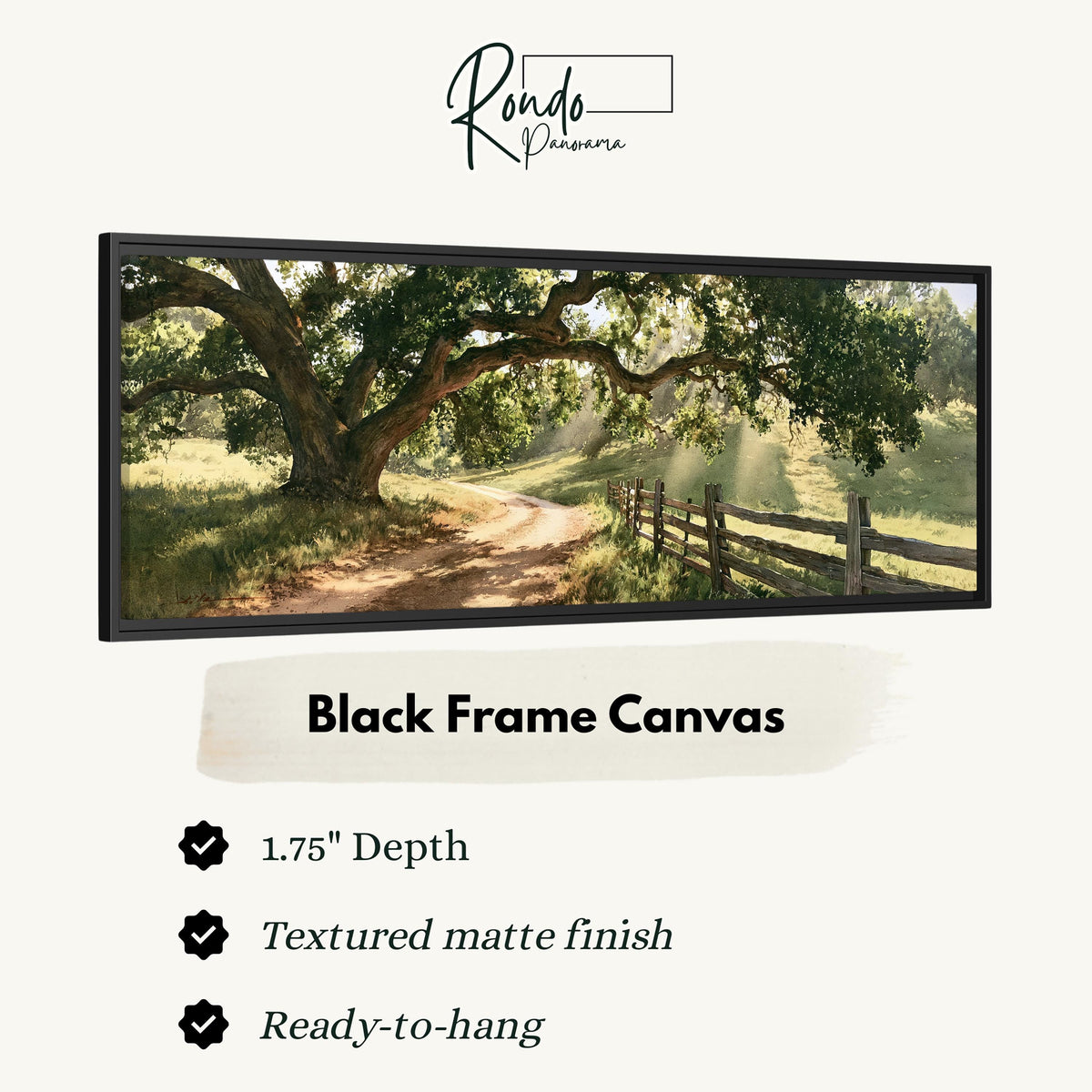 Sunlit country lane with oak trees and a wooden fence canvas print in a black floating frame