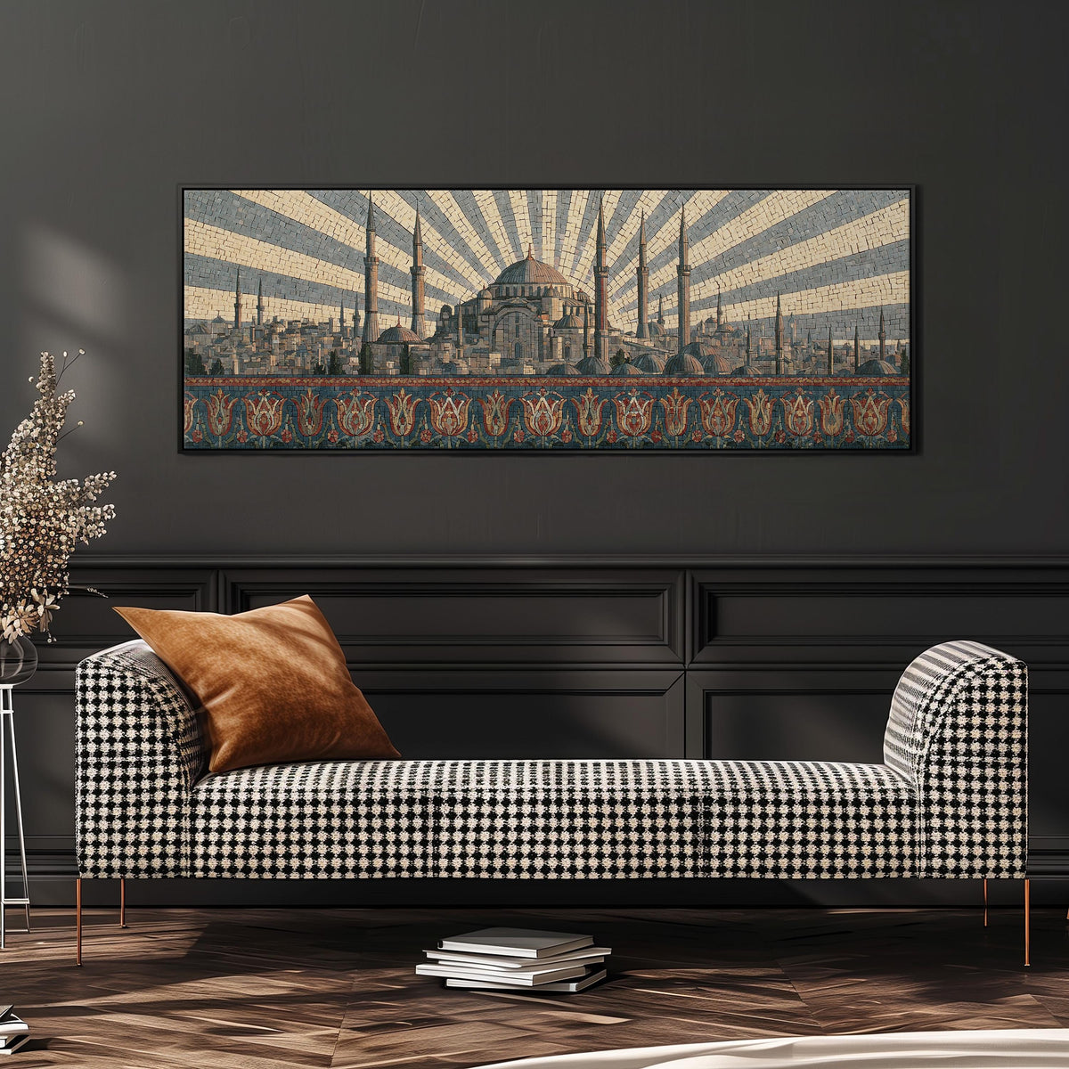 Istanbul skyline at sunrise wide panoramic canvas print above a bench in a dark living room