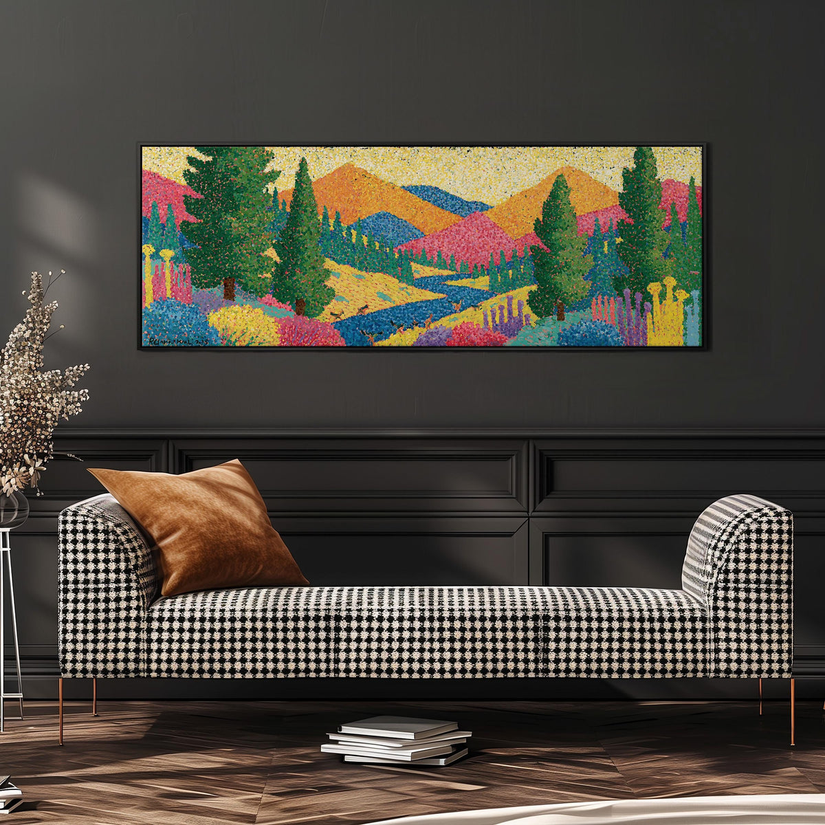Colorful pine mountain valley wide panoramic canvas print above a bench in a dark living room