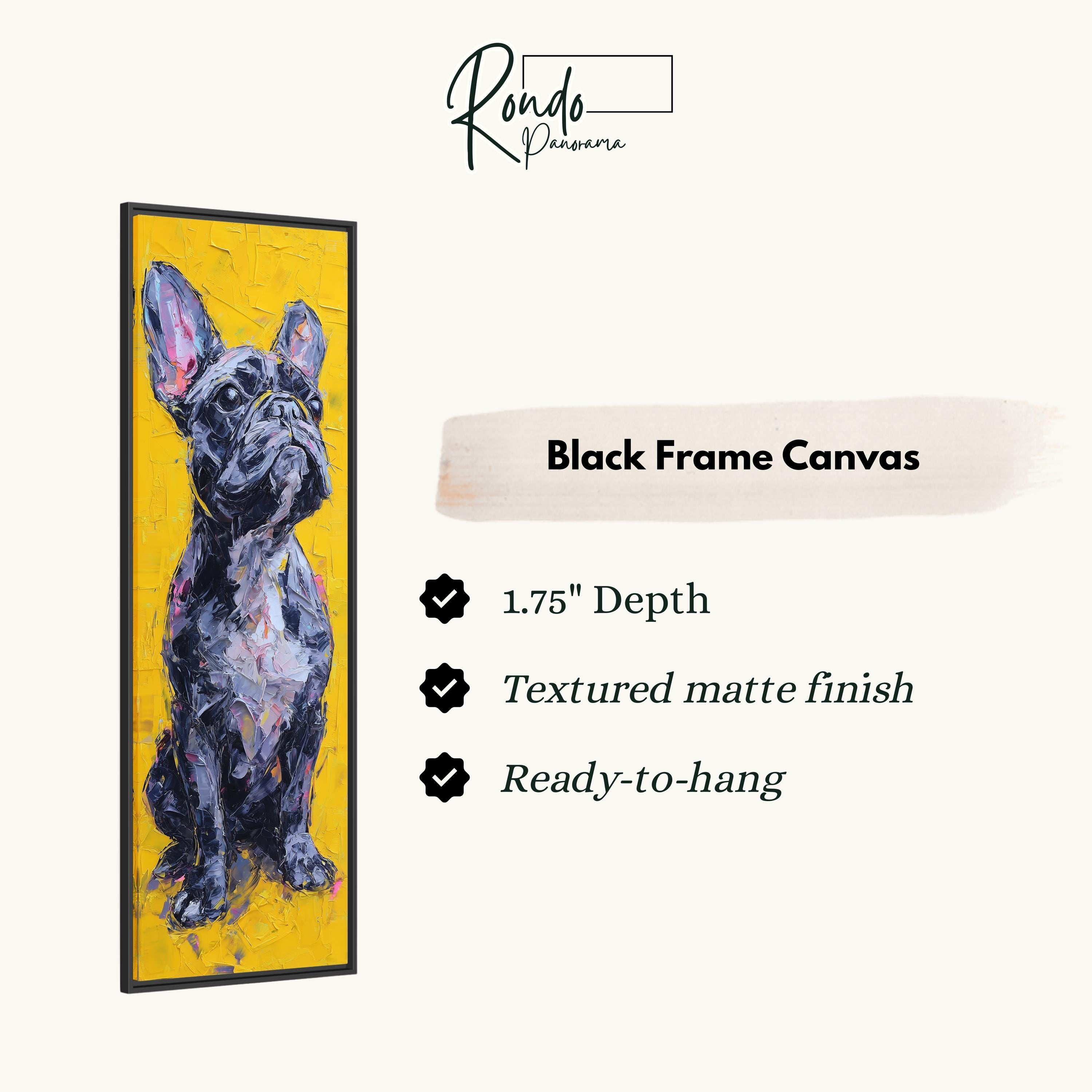 The image is a black frame canvas depicting a French Bulldog in a yellow background.