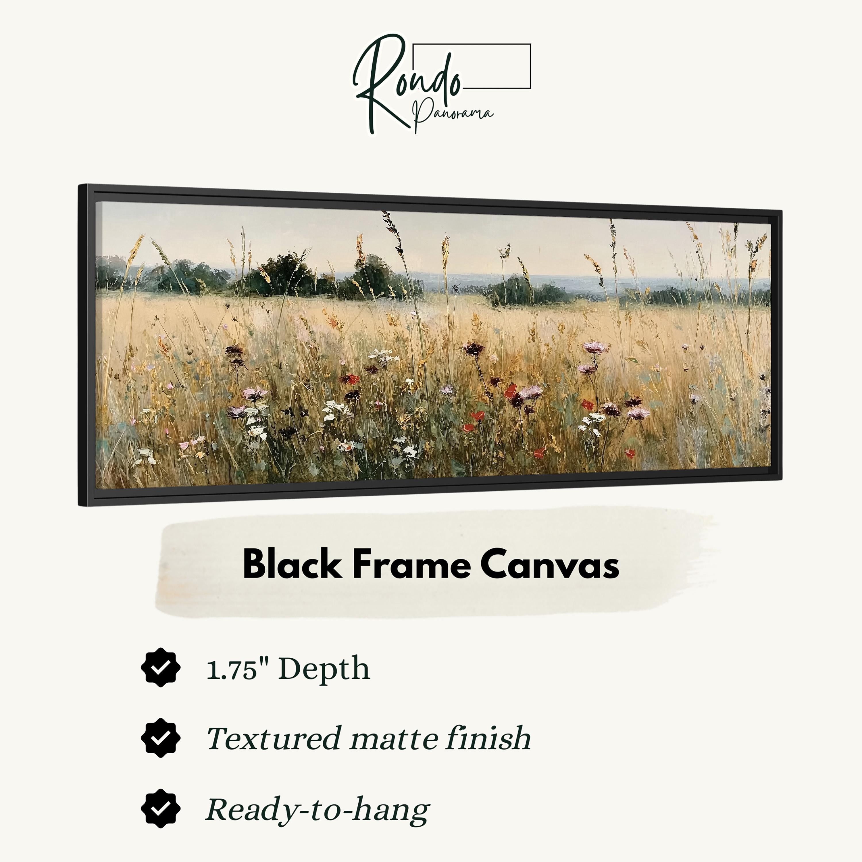 The image is a black frame canvas depicting a field of tall grass with wildflowers.