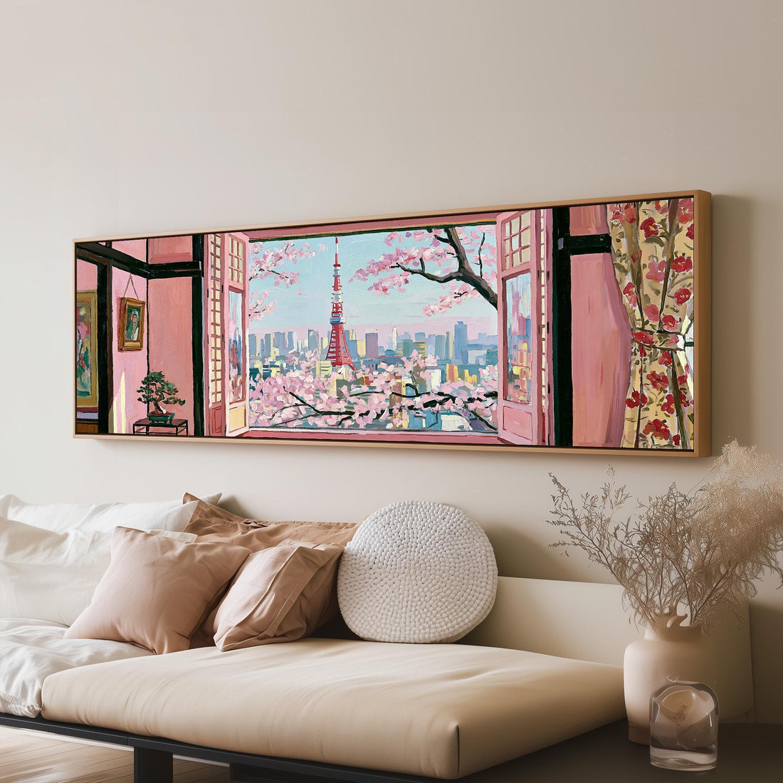 Tokyo Tower and cherry blossoms through a pink window long horizontal canvas print above a sofa in a living room