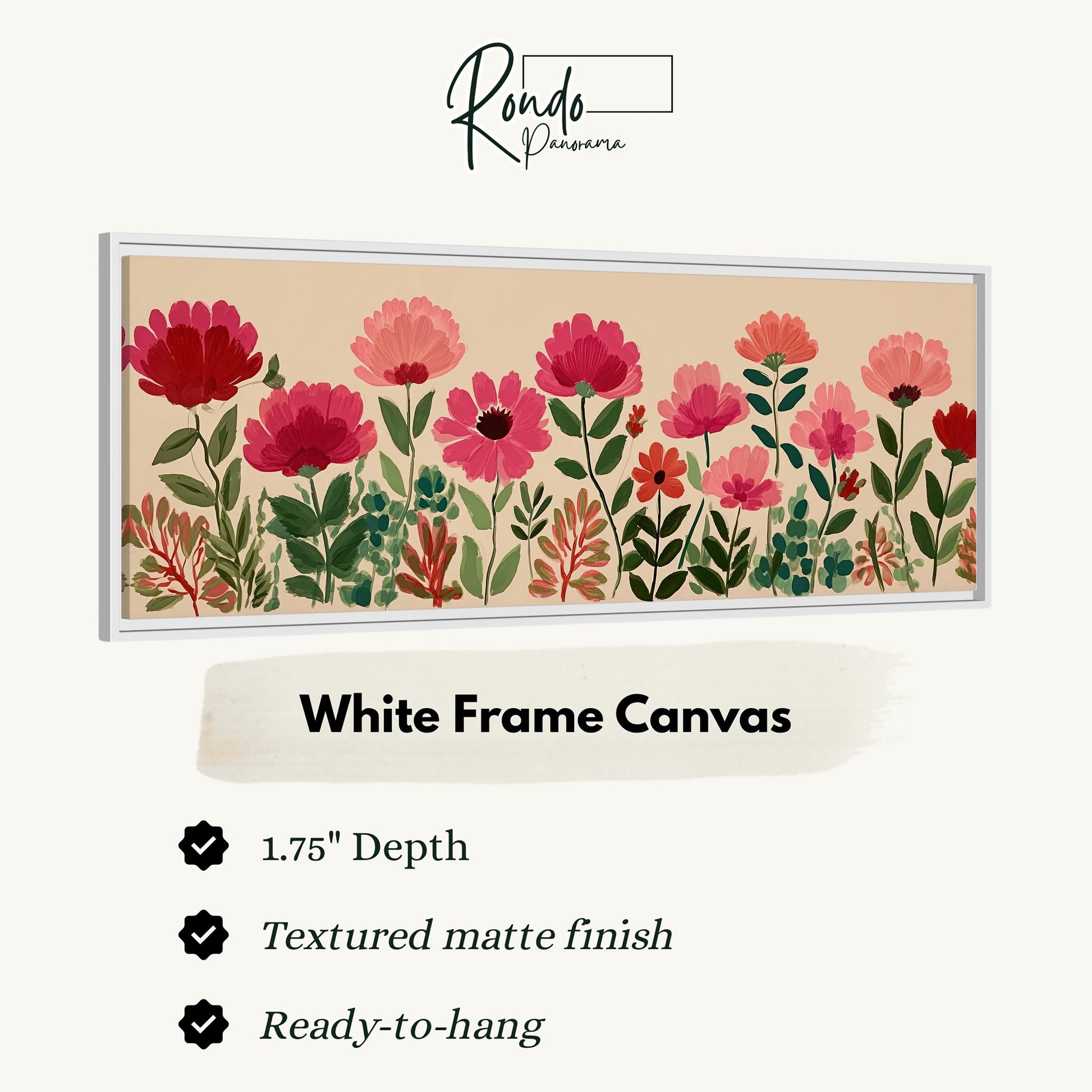 a white frame canvas with a floral design of red and pink flowers.